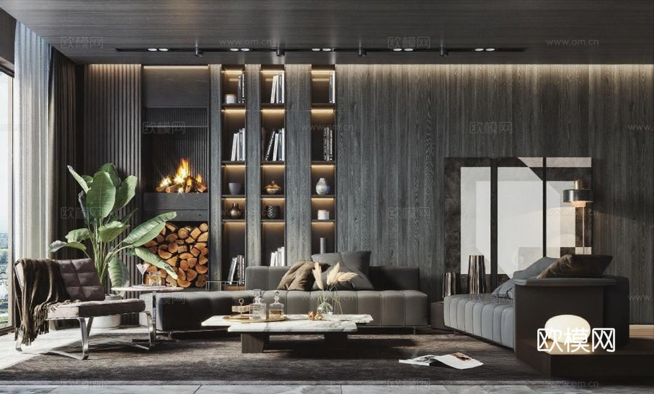 高端住宅客厅设计 现代风格家居装饰 大理石金属材质 层次灯光设计 艺术装饰绿植免费3d模型