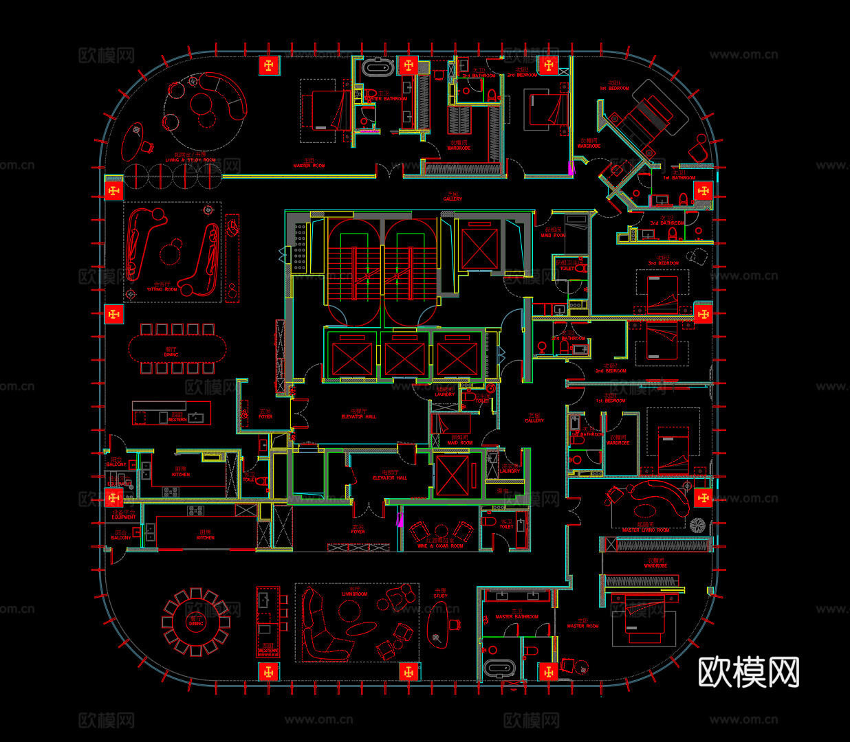900平大平层平面设计cad施工图
