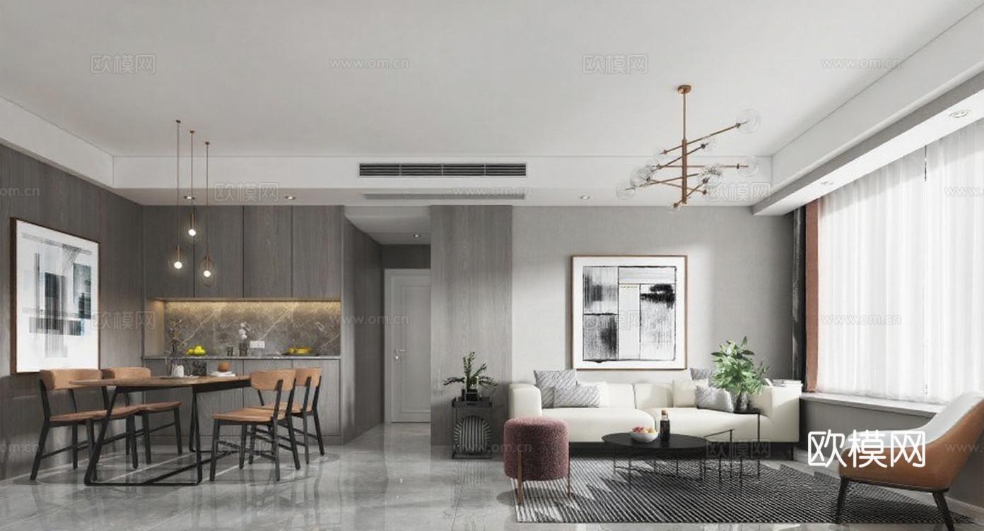 现代简约客餐厅设计 高端住宅3D渲染案例 开放式家居空间装饰免费3d模型