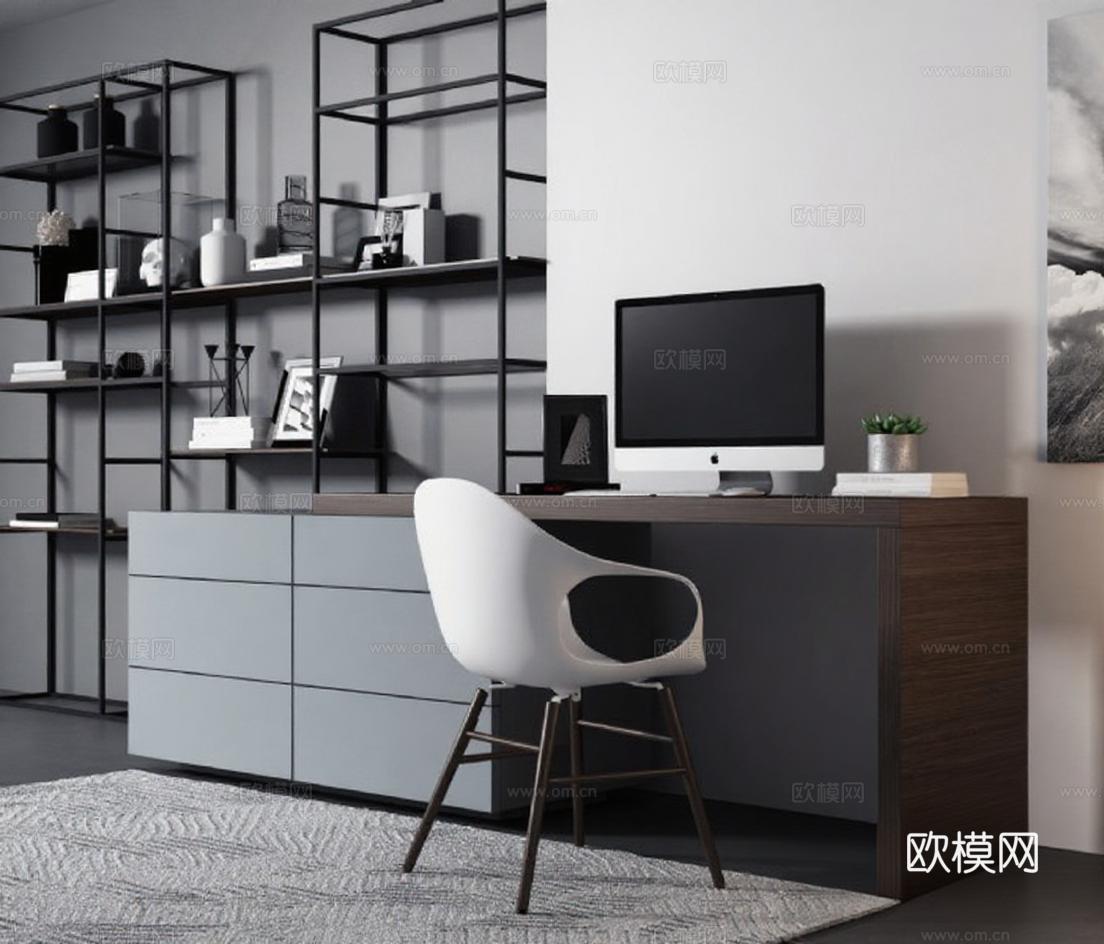 现代简约办公空间设计 深灰木质办公桌金属置物架装饰画 家居美学设计灵感免费3d模型