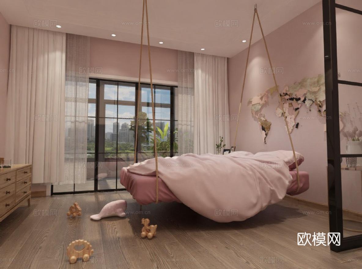 儿童房卧室设计 现代粉色系创意家具 悬浮床设计 梦幻空间室内设计灵感免费3d模型