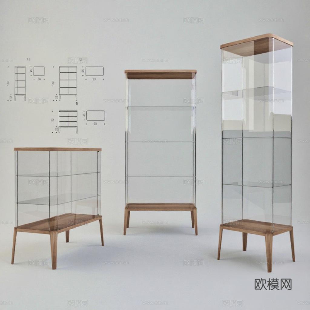 现代风格展示柜设计 原木色玻璃柜体 纤细木质腿 室内家具3D渲染图 概念设计图纸展示免费3d模型下载