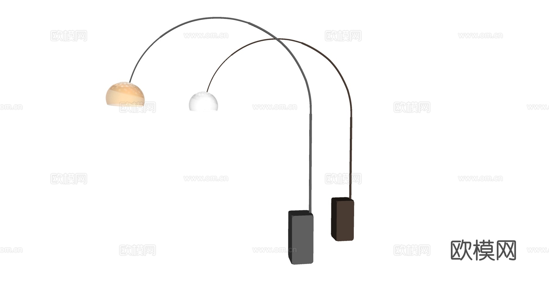现代弧形双灯罩落地灯 橙红透明玻璃灯罩 金属支架 客厅氛围装su模型