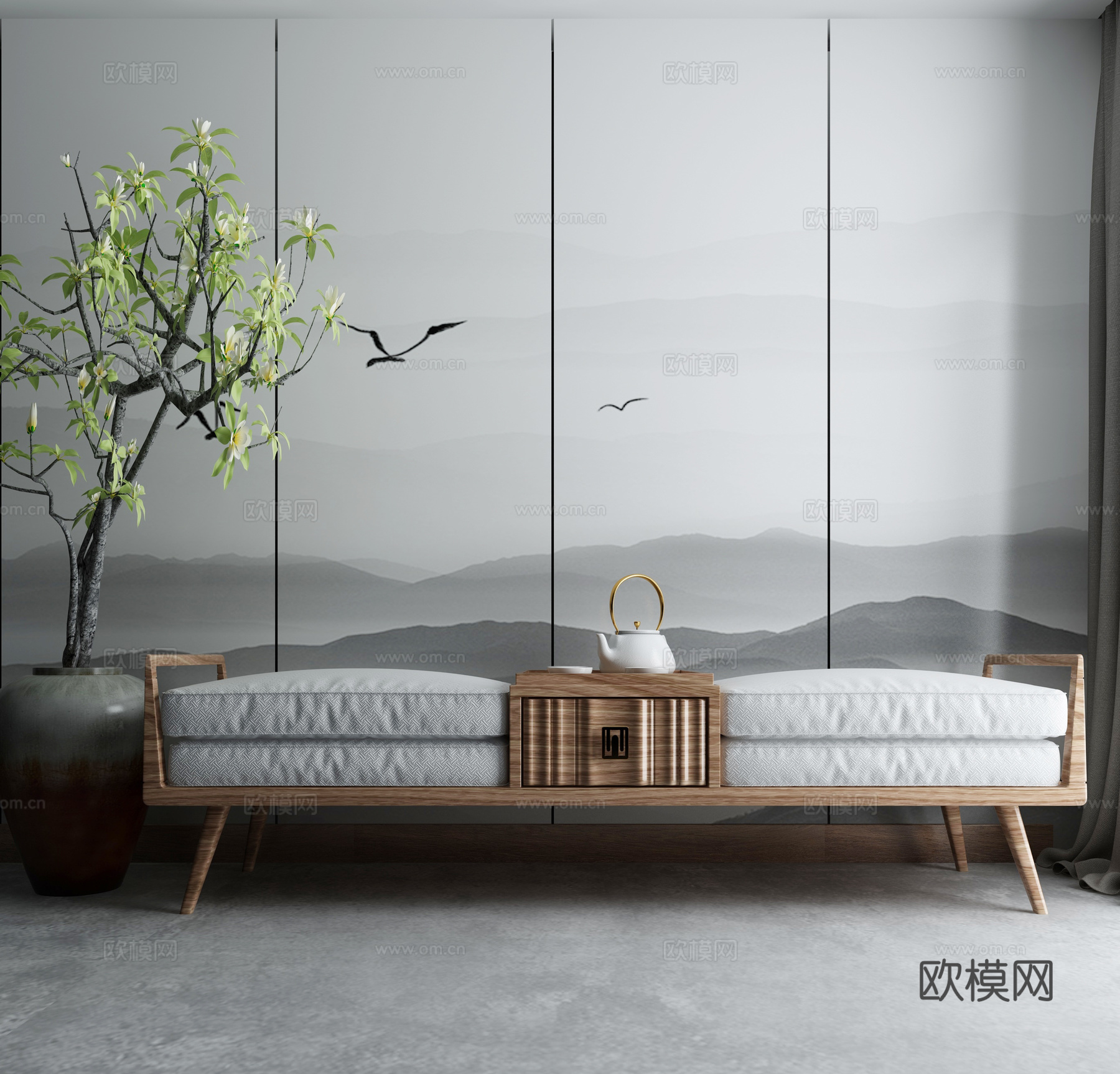 新中式卧榻 背景墙 盆景盆栽3d模型下载（渲染图2）