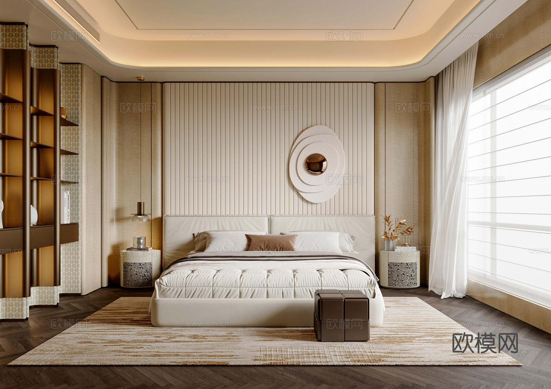 轻奢卧室 轻奢双人床 书架 简约双人床  床尾凳 卧室背景墙免费3d模型下载