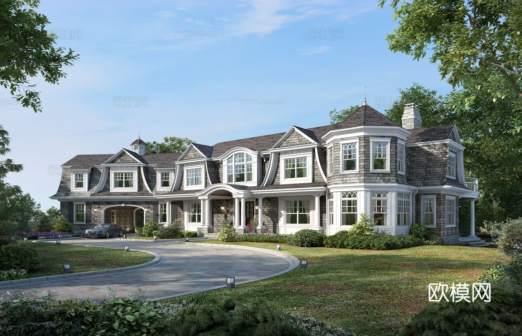 欧式别墅外观全模场景3d模型下载（渲染图2）