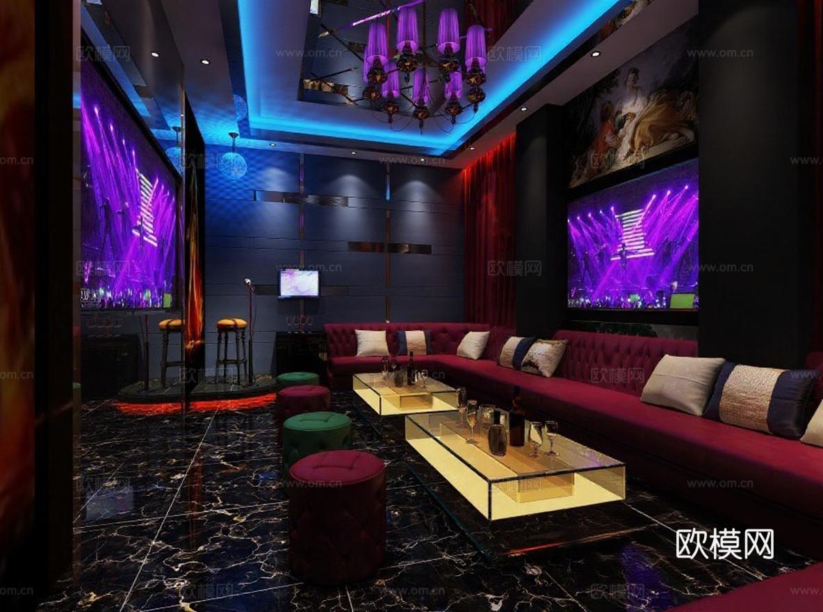豪华KTV包厢设计 蓝紫灯光夜店氛围 大屏幕电视娱乐空间 现代家具奢华装修免费3d模型