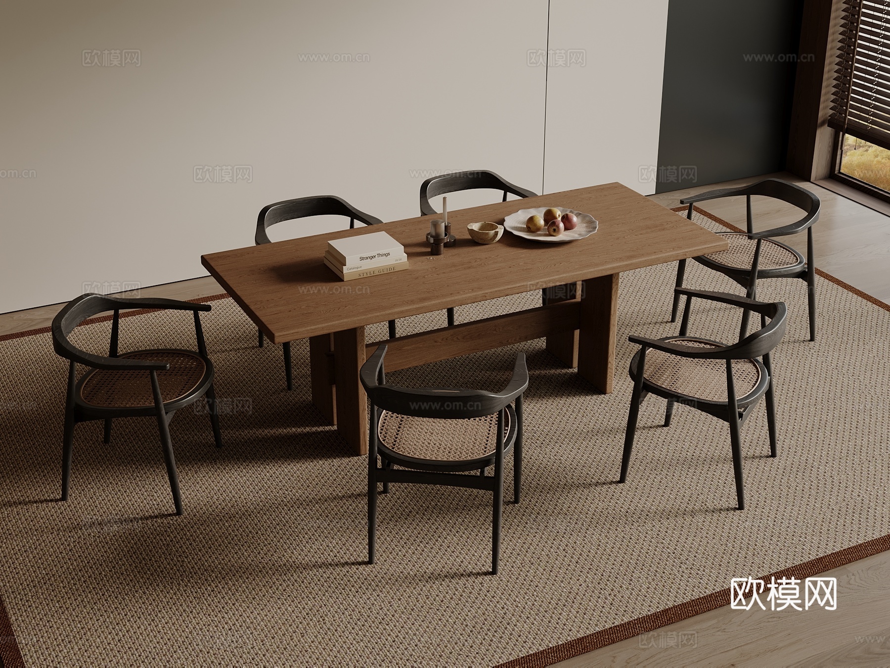 宋式餐桌椅组合 长形餐桌 木制餐桌su模型
