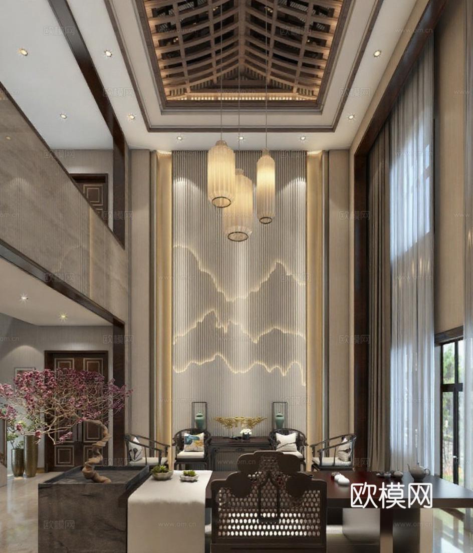 现代中式别墅客厅茶室挑高设计 木质格栅暖光吊灯禅意空间美学 高端住宅3D渲染效果图免费3d模型
