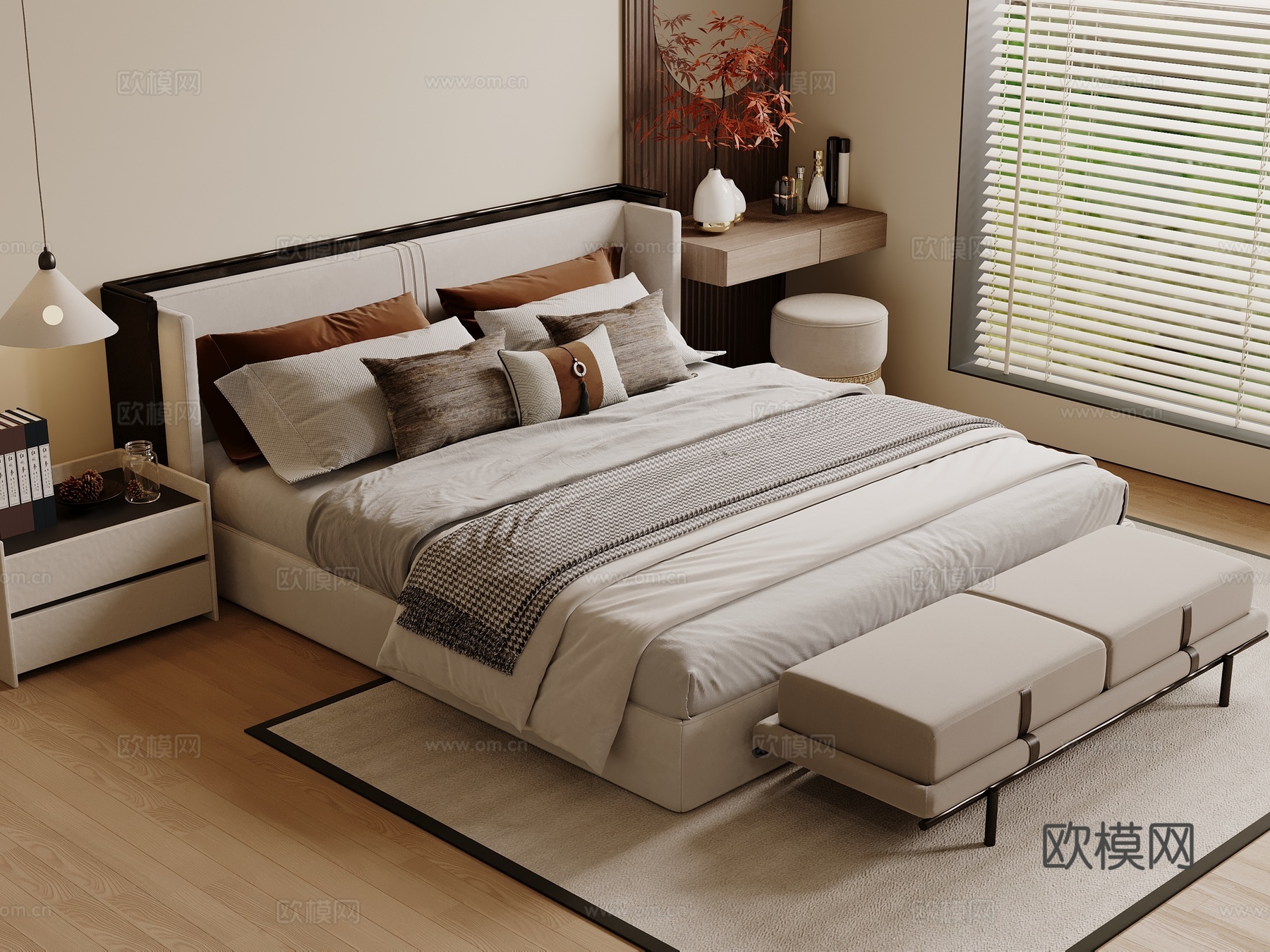 宋式双人床 木制床 床头柜 床头柜摆件su模型