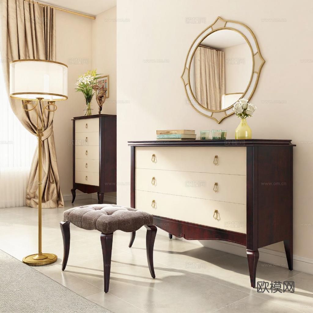 现代卧室梳妆区布置 米棕色家居装饰设计 实木梳妆台轻奢软装搭配免费3d模型
