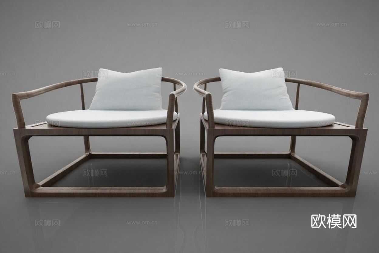 现代中式实木布艺休闲椅 简约禅意家具设计 镜面反射质感客厅家居用品展示免费3d模型下载