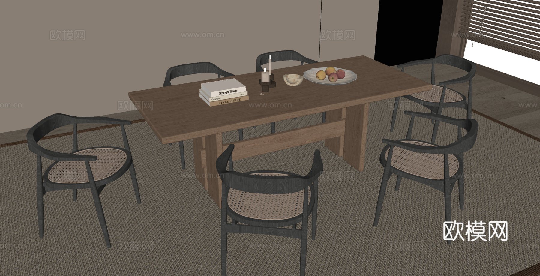 宋式餐桌椅组合 长形餐桌 木制餐桌su模型