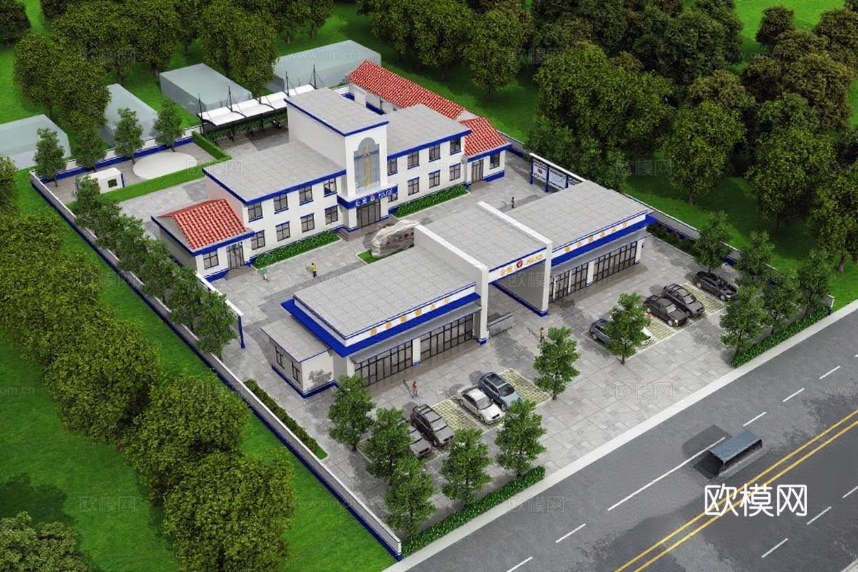 现代商业建筑3D设计 城市规划建筑群渲染图 蓝色线条白色外墙红色屋顶 停车场绿化景观布局免费3d模型