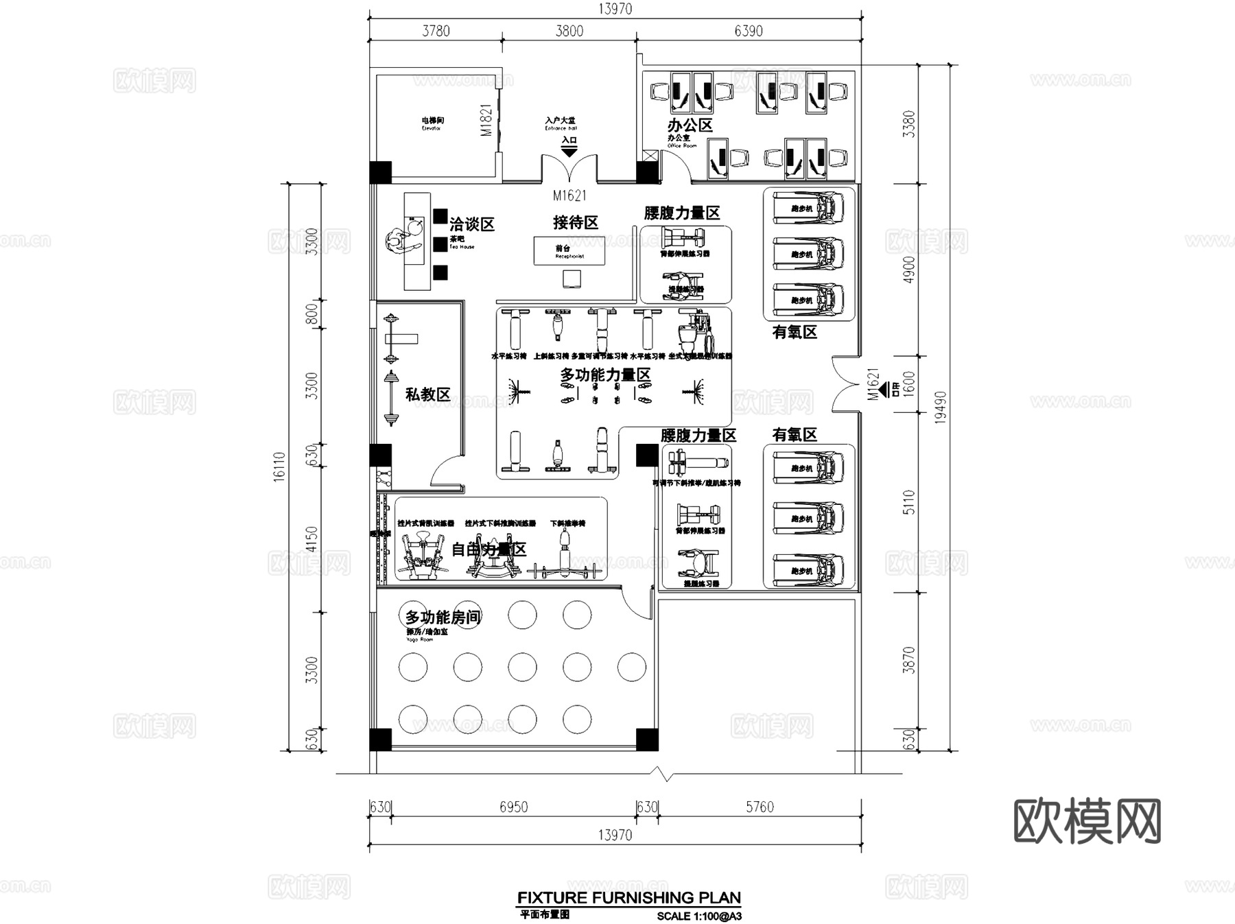 宝冠健身房室内工装CAD施工图cad施工图