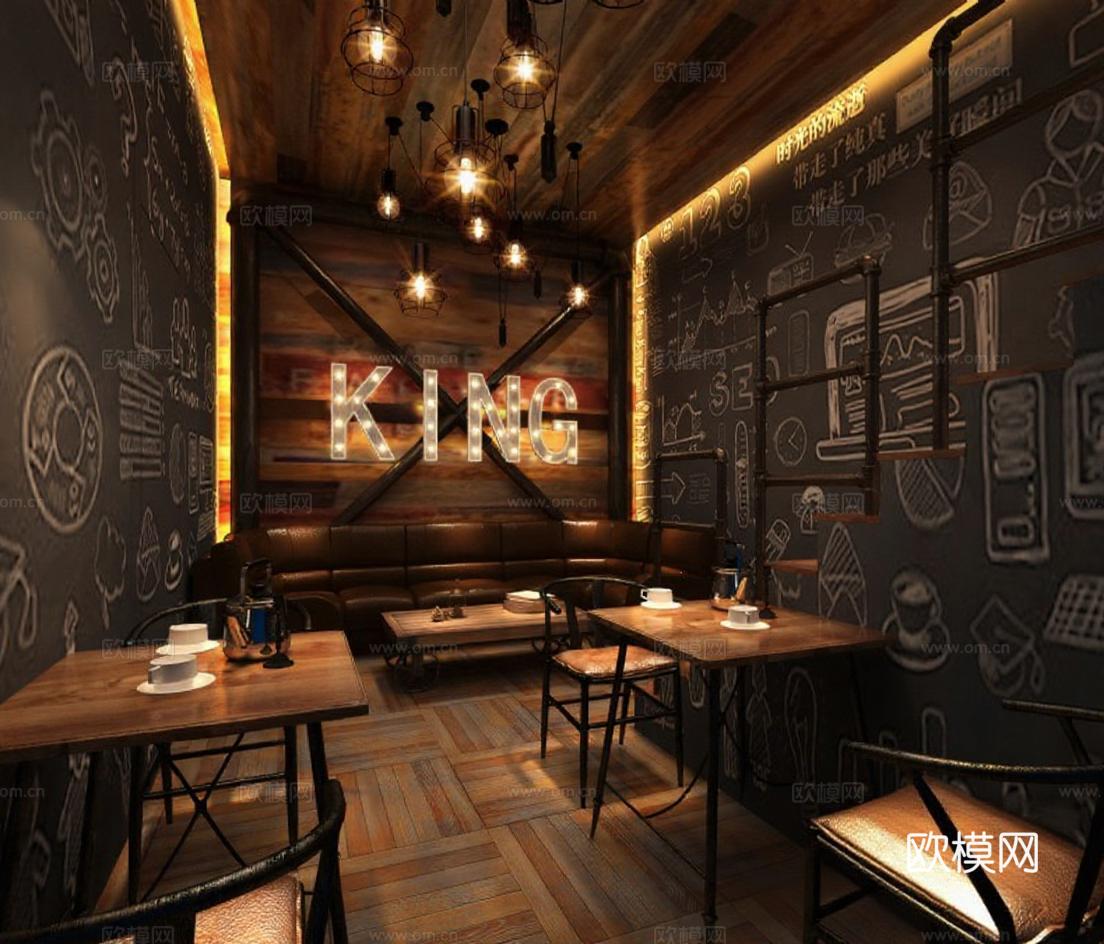 工业复古风咖啡厅酒吧室内设计 主题空间3D渲染效果图免费3d模型下载