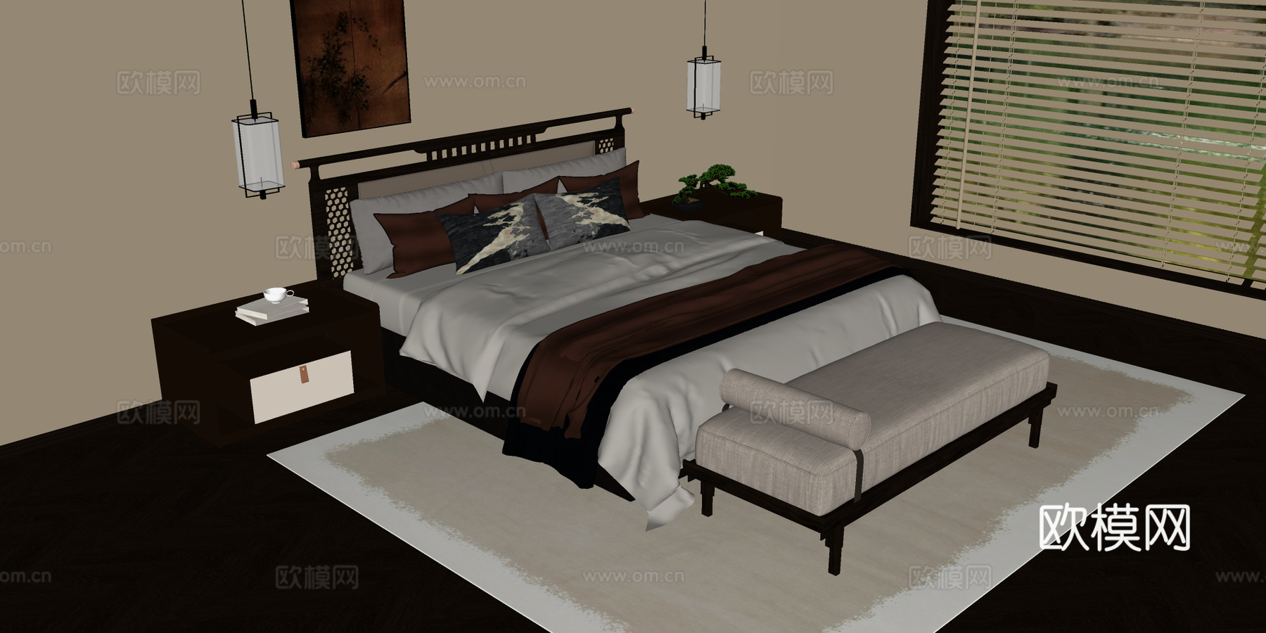 宋式双人床 木制床 床头柜 床头柜摆件 床尾塌su模型