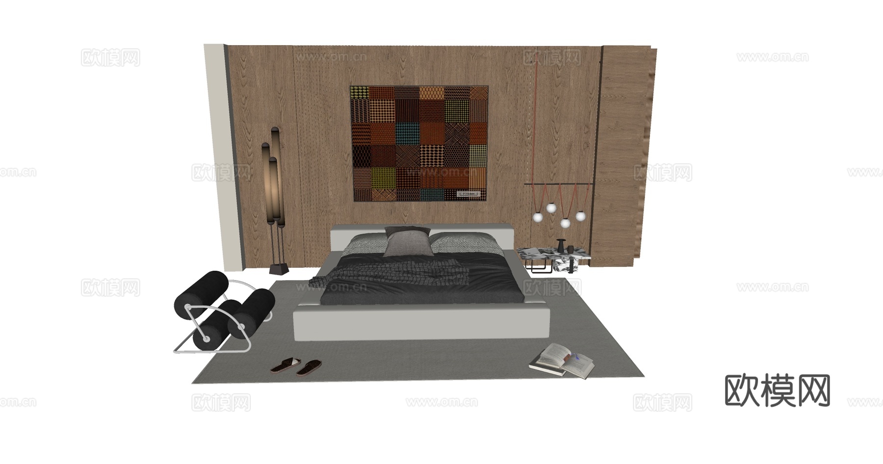 现代简约主卧双人床 白色皮质双人床 木质竖条纹背景墙 拼布画su模型