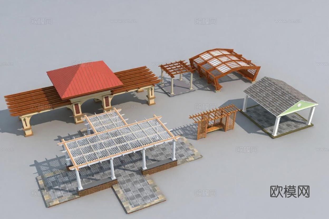 户外庭院3D模型 景观建筑设计参考 凉亭长廊金属木材质 石板屋顶结构素材免费3d模型