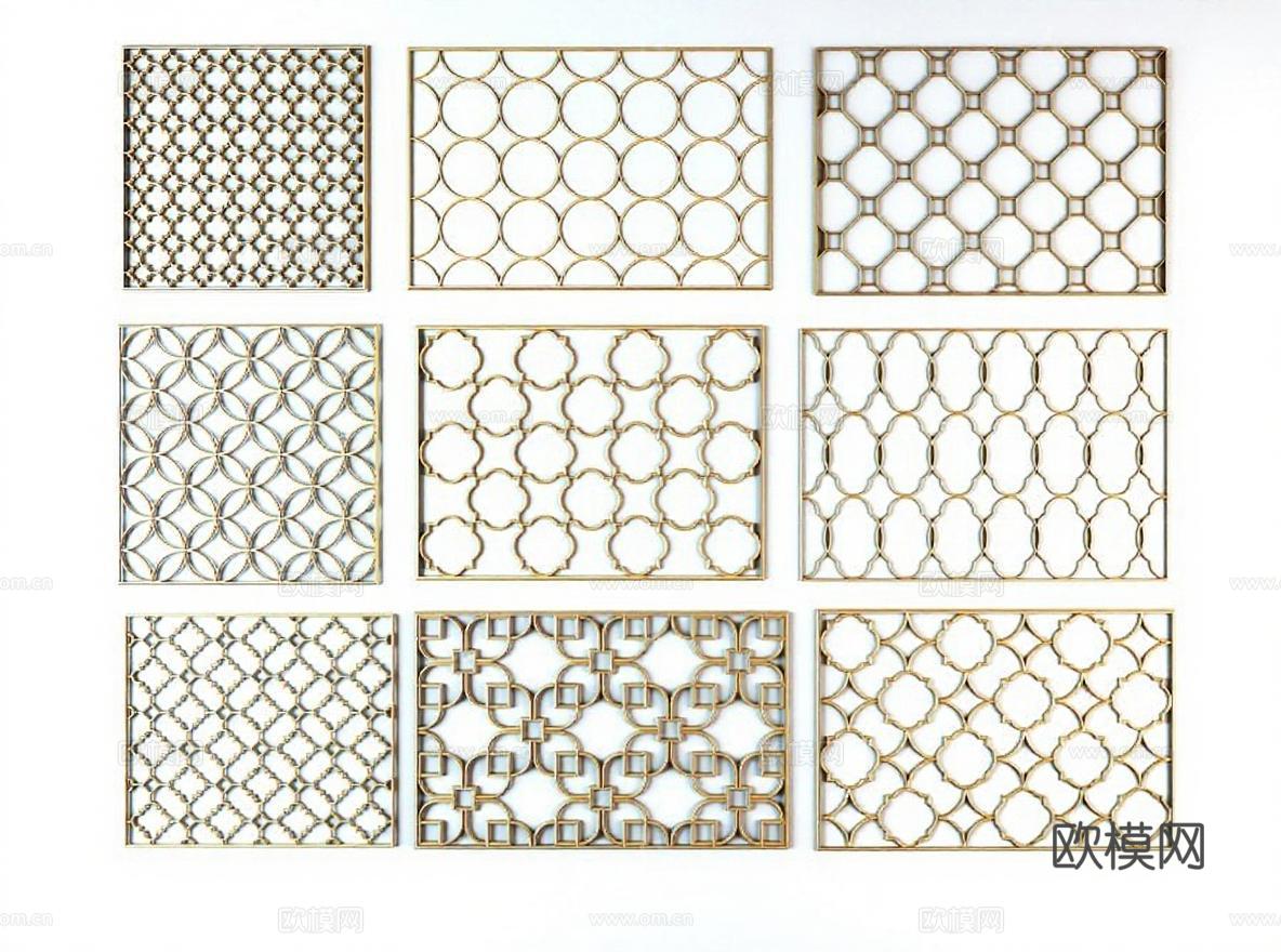 现代金属装饰面板设计 极简艺术镂空墙面元素 3D模型格栅建筑装饰 金色几何图形室内设计 创意立体装饰面板组合免费3d模型