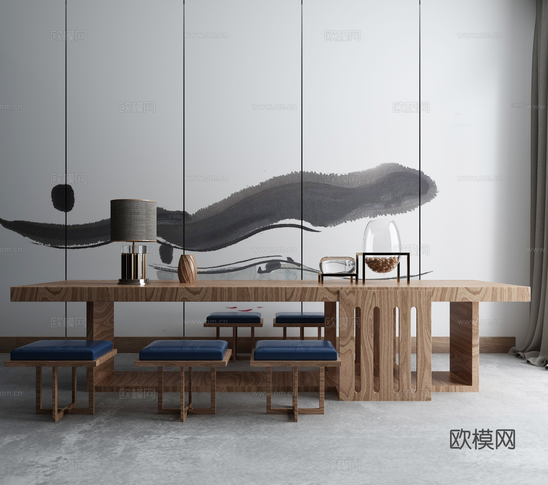 新中式条案茶台3d模型下载（渲染图1）