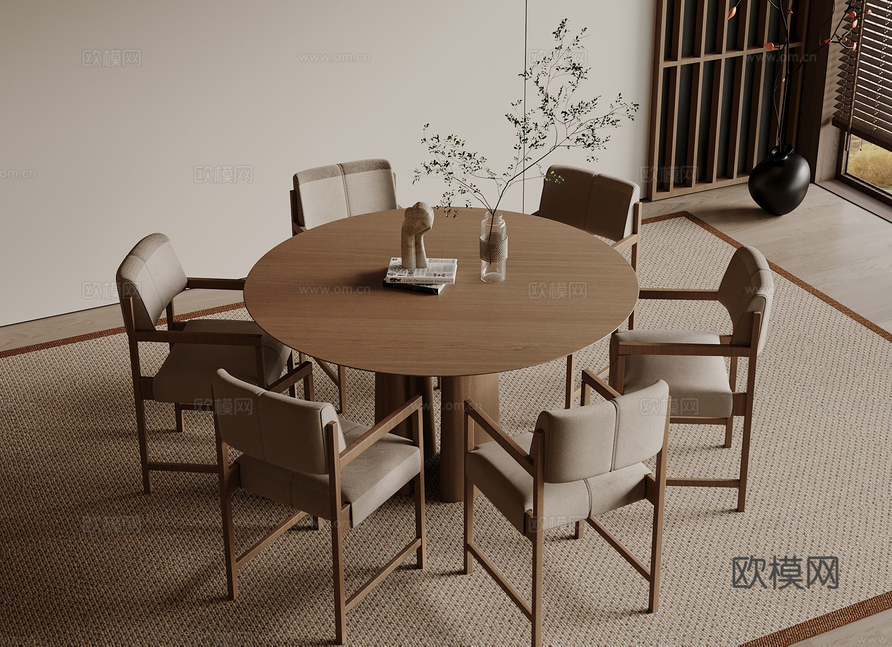 宋式餐桌椅组合 圆形餐桌 木制餐桌su模型