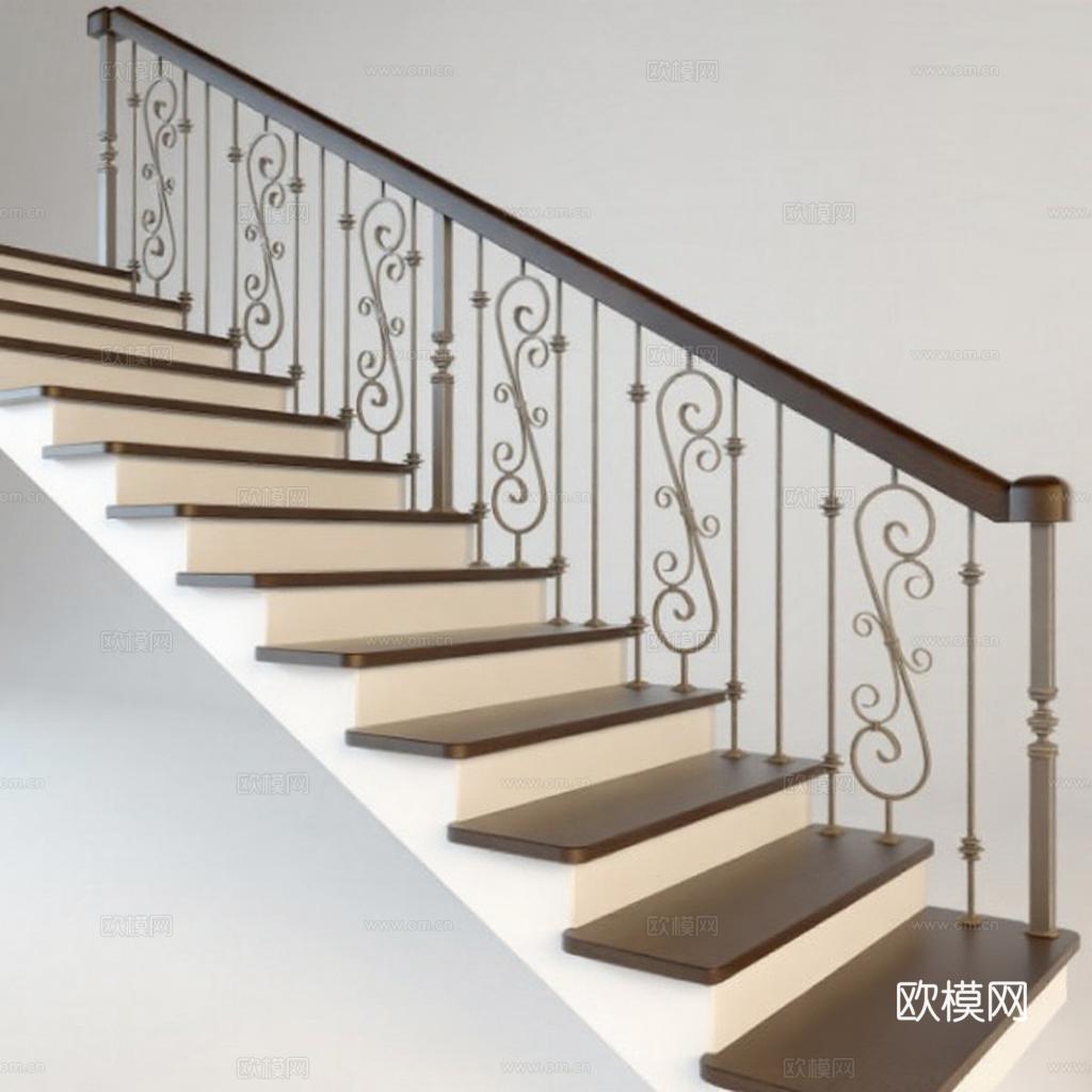 古典欧式铁艺楼梯设计 深棕木扶手米白踏板 室内建筑装饰3D模型 家居细节效果图展示免费3d模型