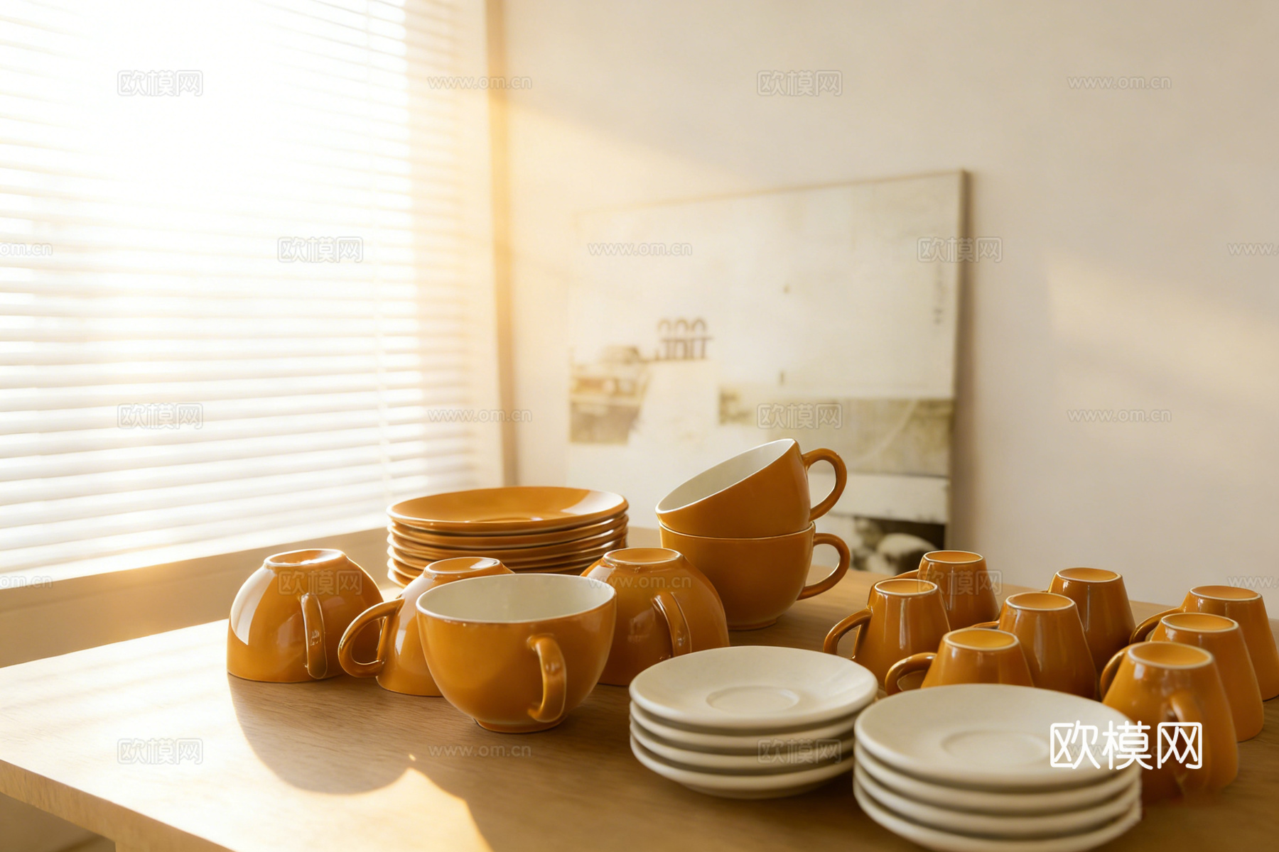 现代简约陶瓷杯碟 橙黄白色杯子餐盘 陶瓷餐具 静物组合场景道su模型