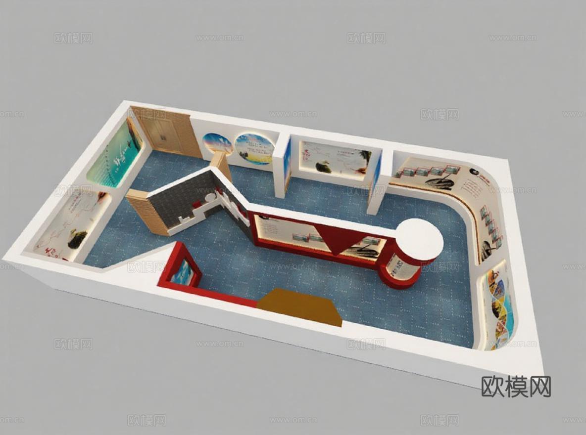 3D展览展台设计 开放式展厅布局方案 红色现代展厅设计 企业展厅文化宣传免费3d模型下载_ID16334306_3dmax免费模型-欧模网