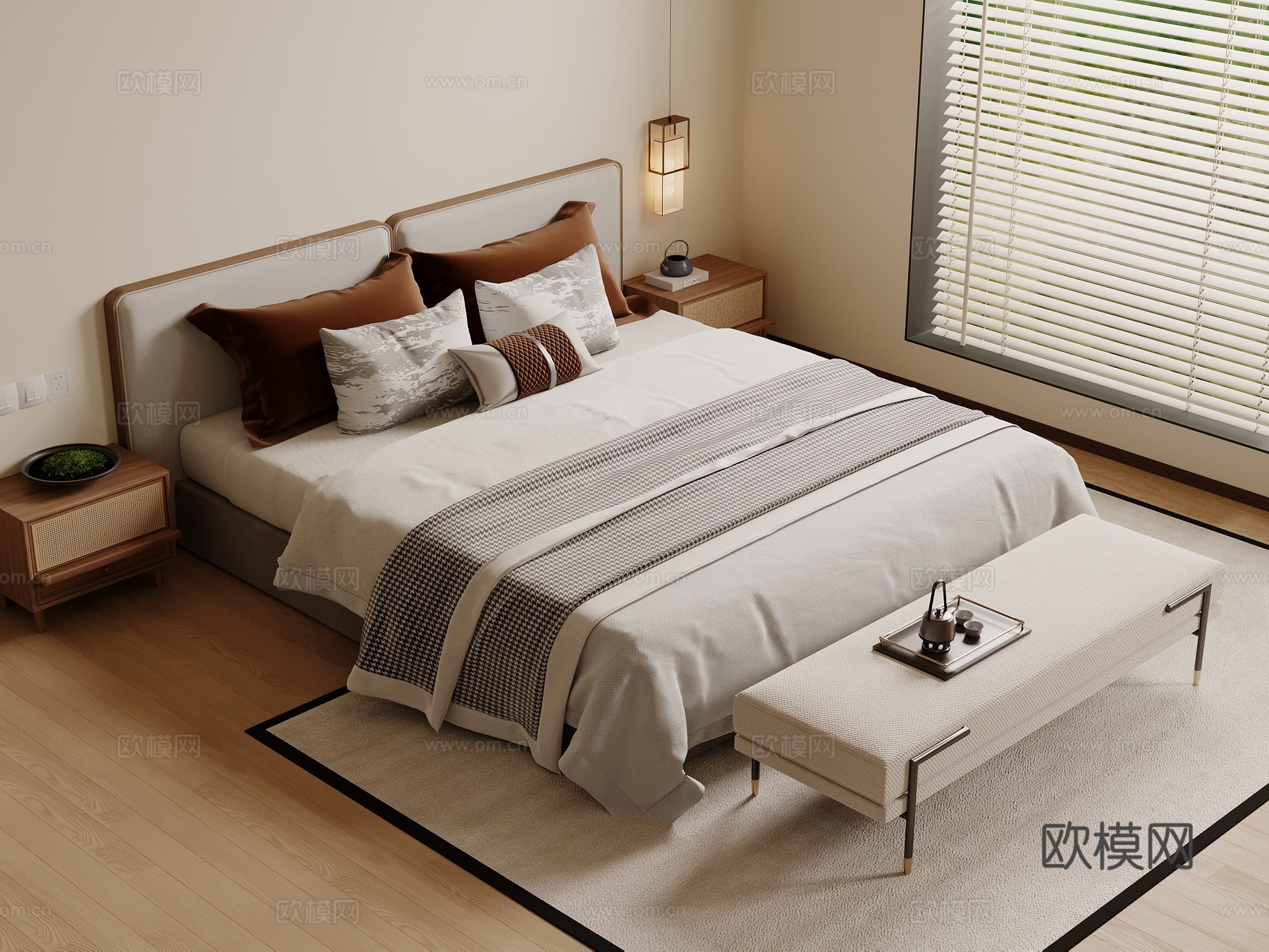 宋式双人床 木制床 床头柜 床头柜摆件su模型