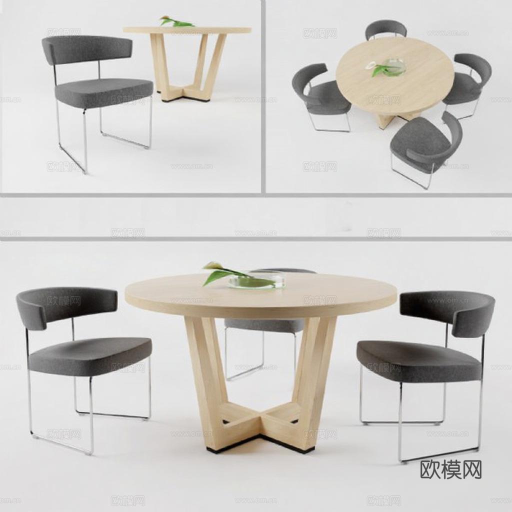 现代实木圆桌金属腿布艺餐椅 简约餐厅家具组合 客厅家居装饰效果图 3D模型室内设计免费3d模型