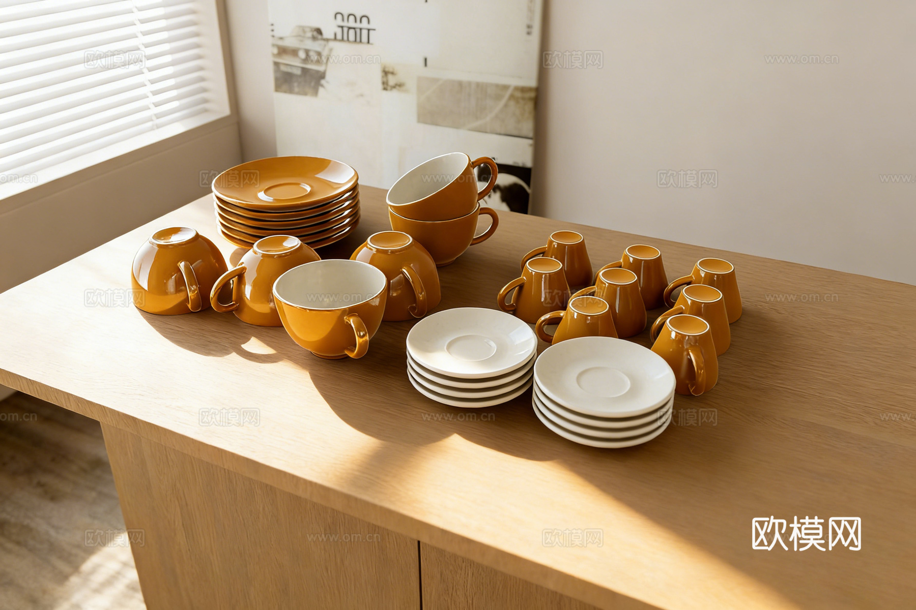 现代简约陶瓷杯碟 橙黄白色杯子餐盘 陶瓷餐具 静物组合场景道su模型