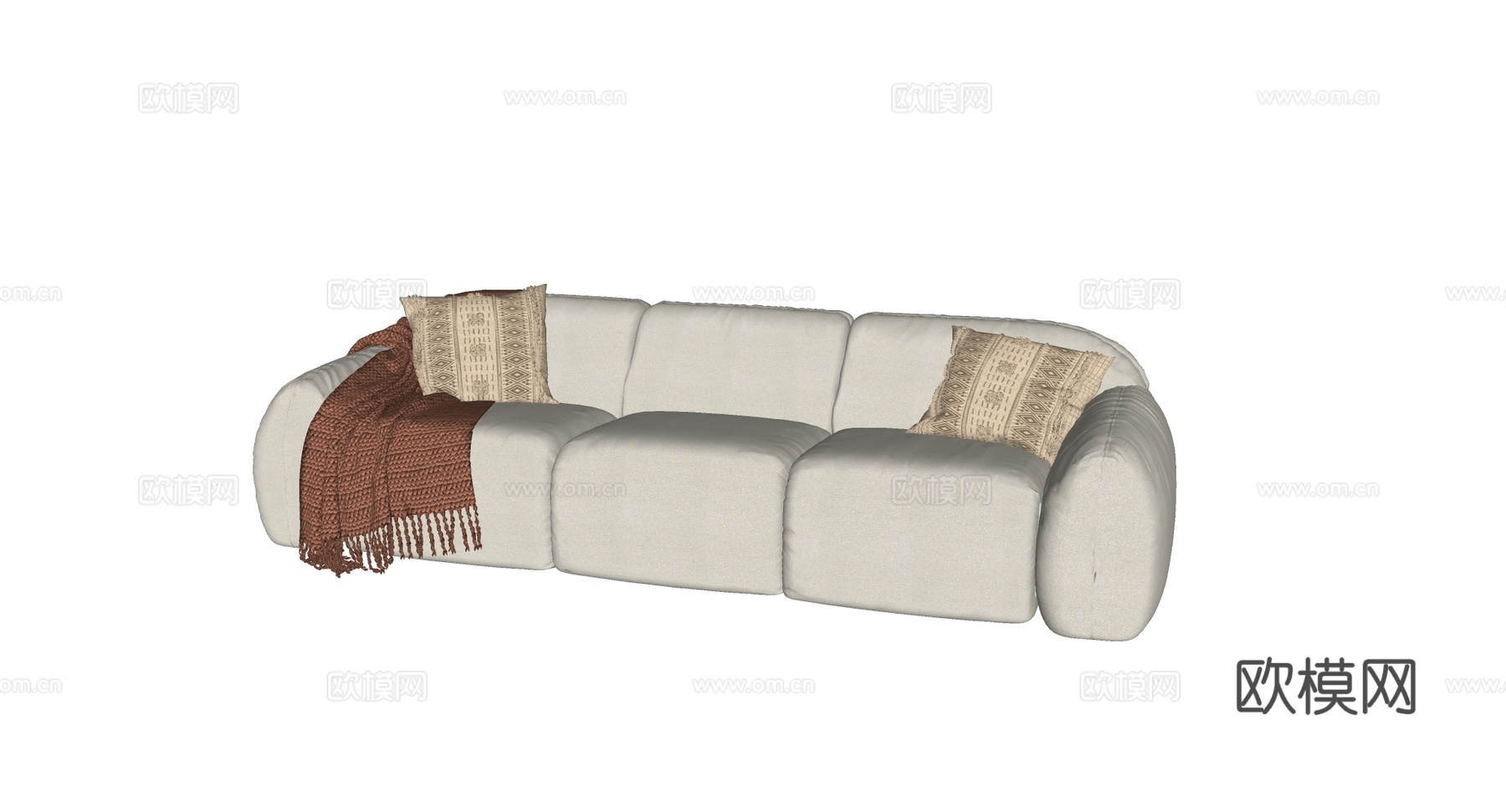奶油风三人沙发 米白色皮革 配流苏毯几何抱枕 饱满坐垫云朵沙su模型