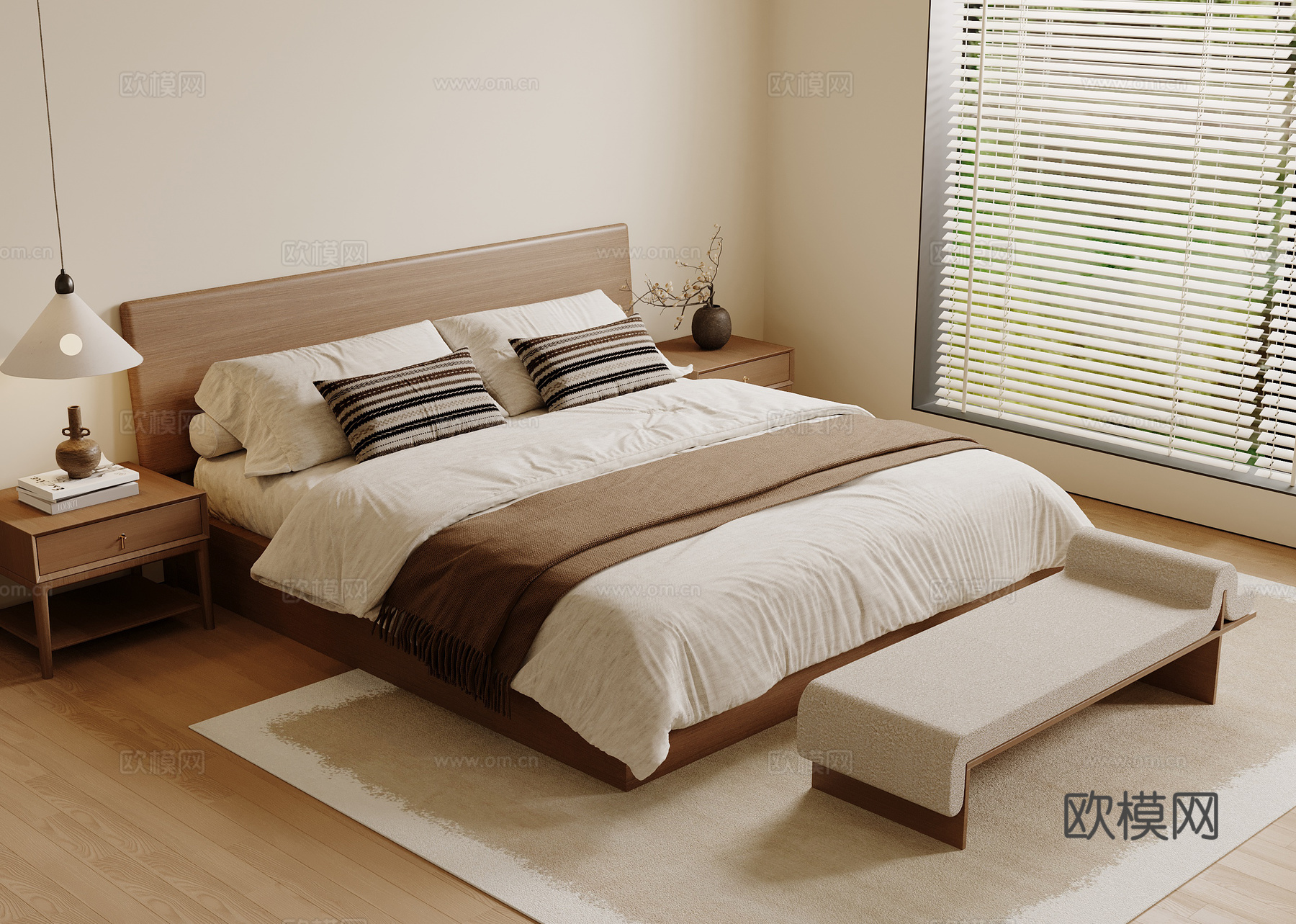 宋式双人床 木制床 床头柜 床头柜摆件su模型