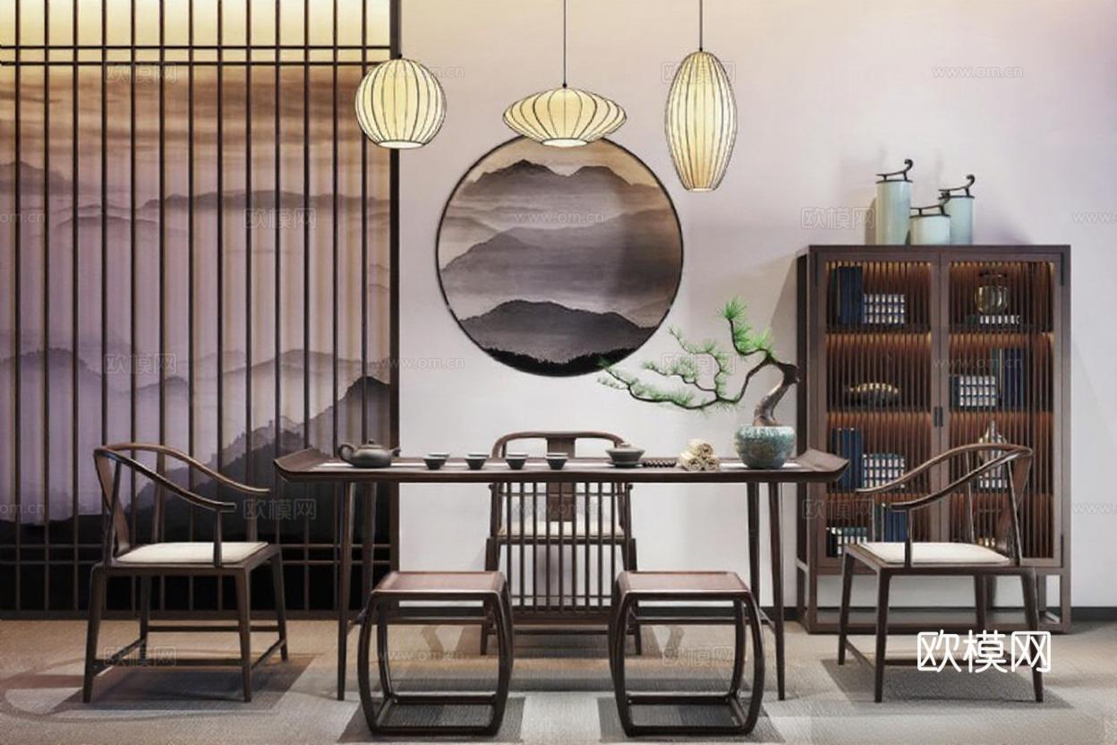 中式茶室书房会客区设计 深木色家具对称布局 东方美学家居3D渲染免费3d模型