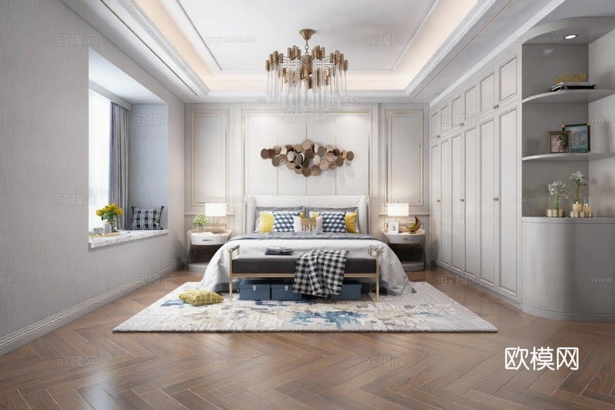 现代轻奢卧室设计 高端装修效果图 卧室空间布局 水晶吊灯储物空间 人字拼地板家居装饰免费3d模型
