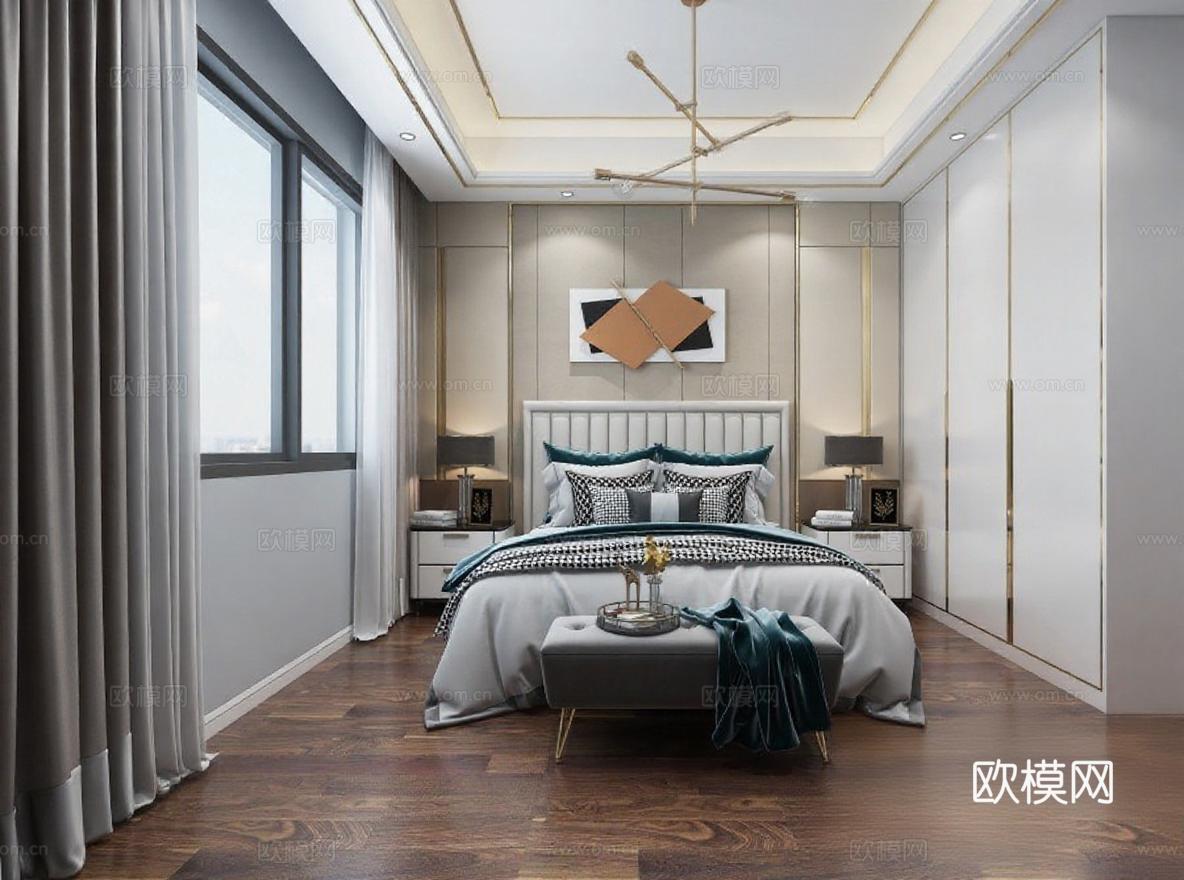 现代轻奢卧室设计 高端住宅3D渲染效果图 灰色调室内装饰灵感 轻奢风格家居方案 金属元素抽象艺术装饰免费3d模型
