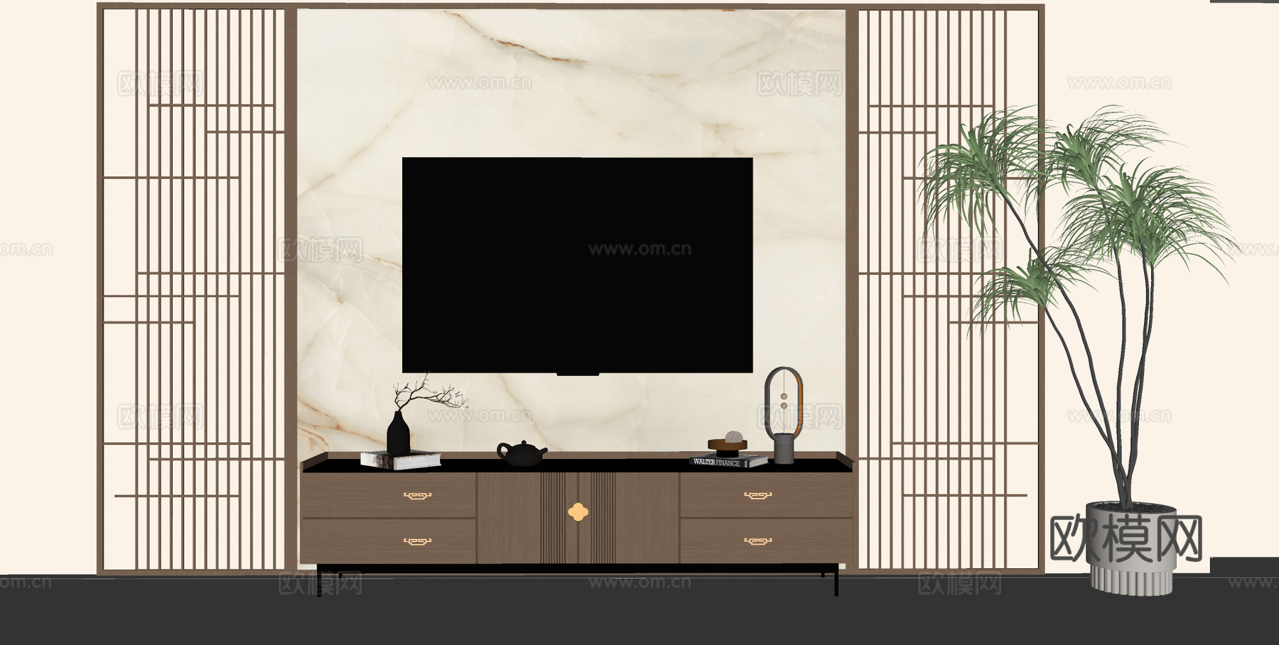 新中式电视柜 电视背景墙 屏风背景墙 饰品摆件su模型