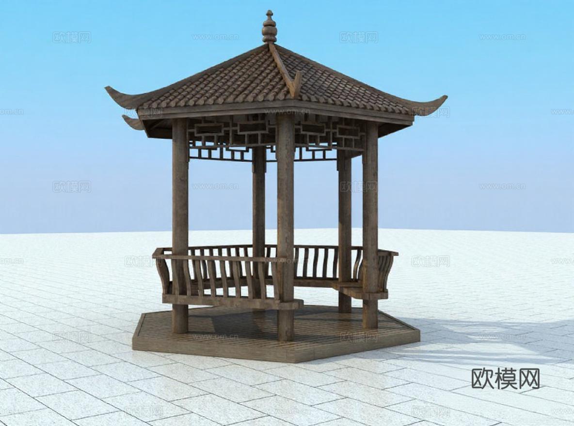 中式八角凉亭3D模型 园林景观建筑木质结构 高清材质文化符号 户外家具设计参考免费3d模型下载