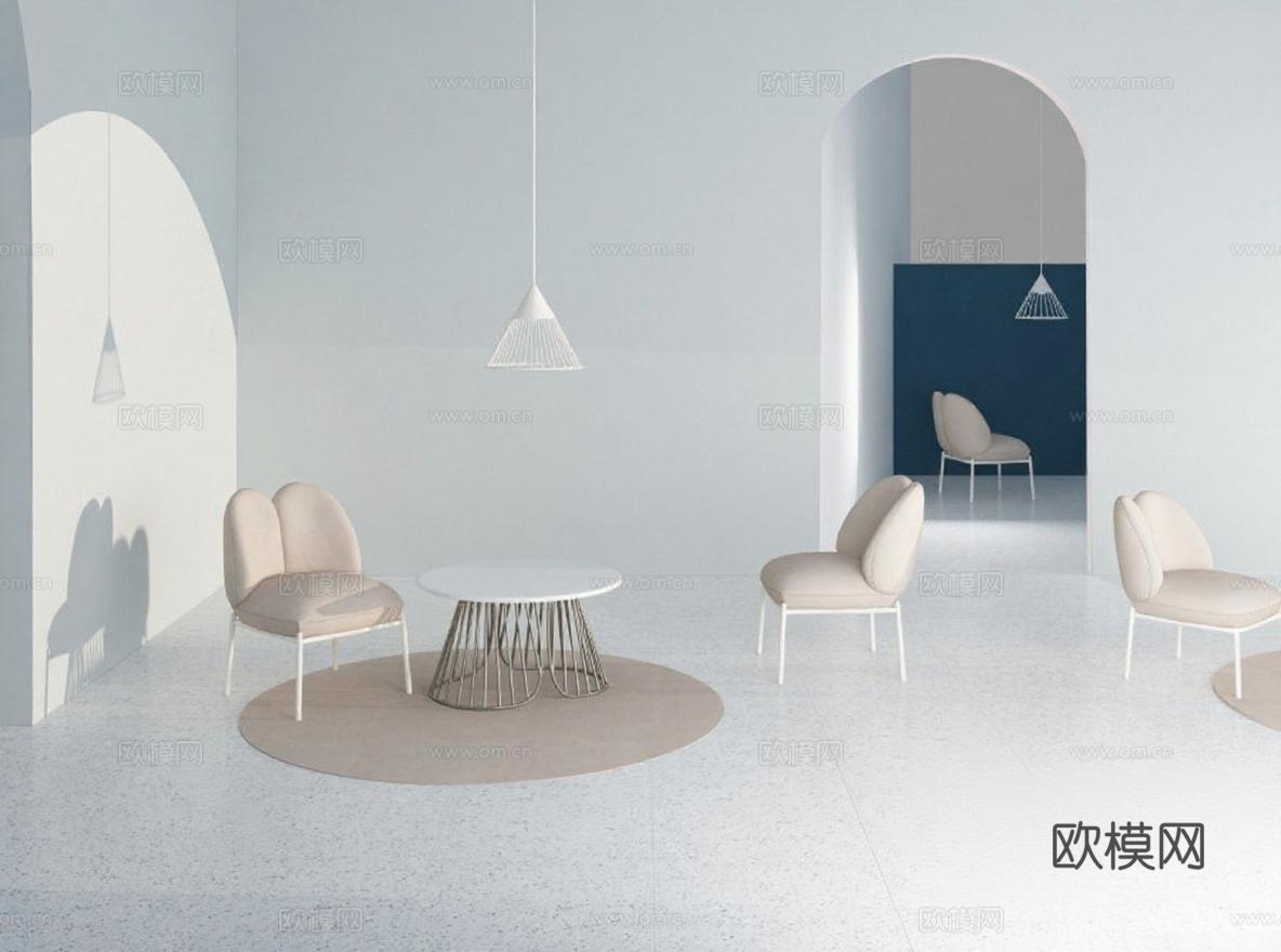 极简主义室内设计 现代风格家具展示 3D渲染概念空间 深蓝色调视觉对比 布艺桌椅光影层次免费3d模型下载