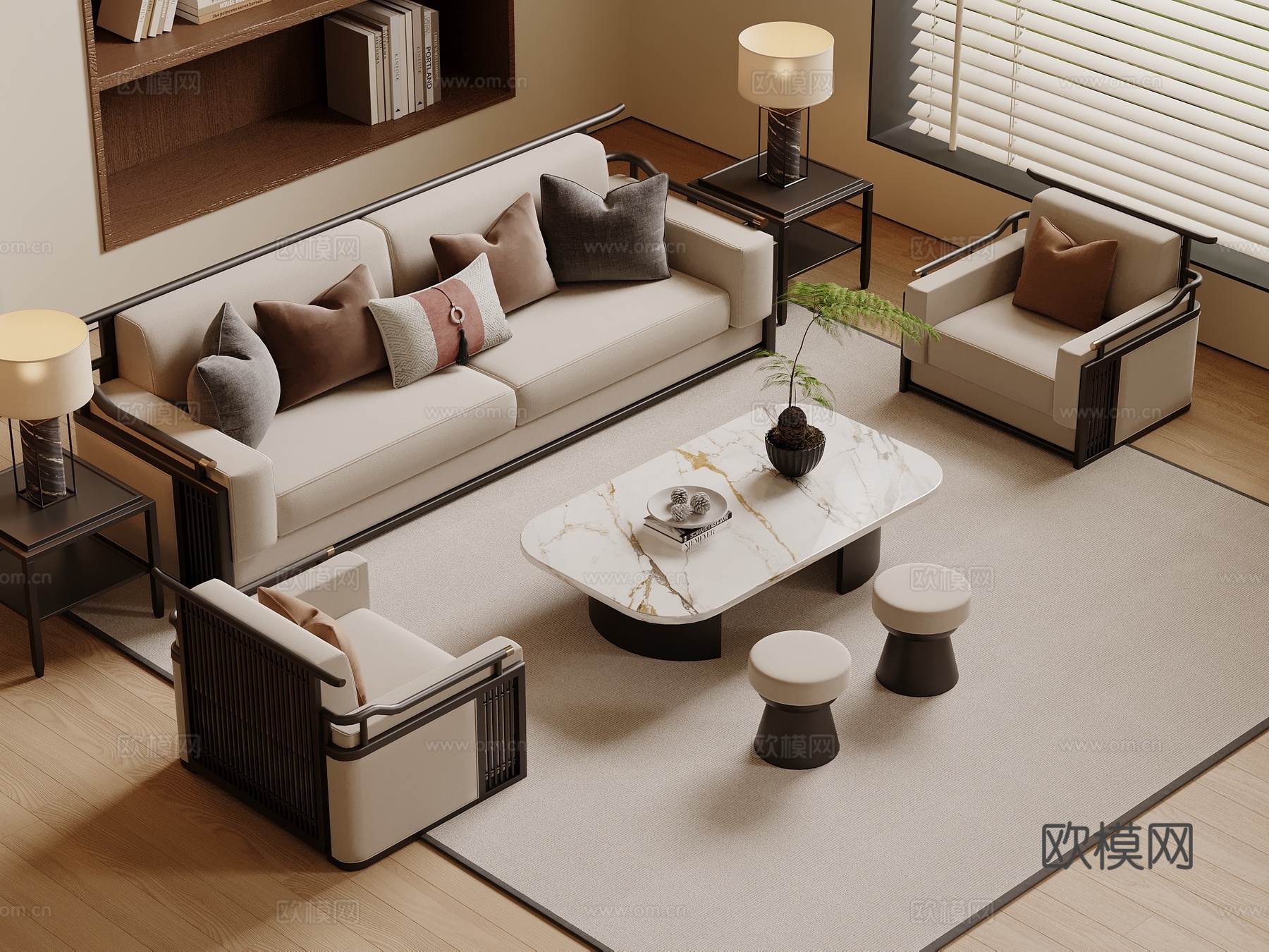 新中式沙发茶几 沙发茶几组合 直排沙发 木制茶几su模型