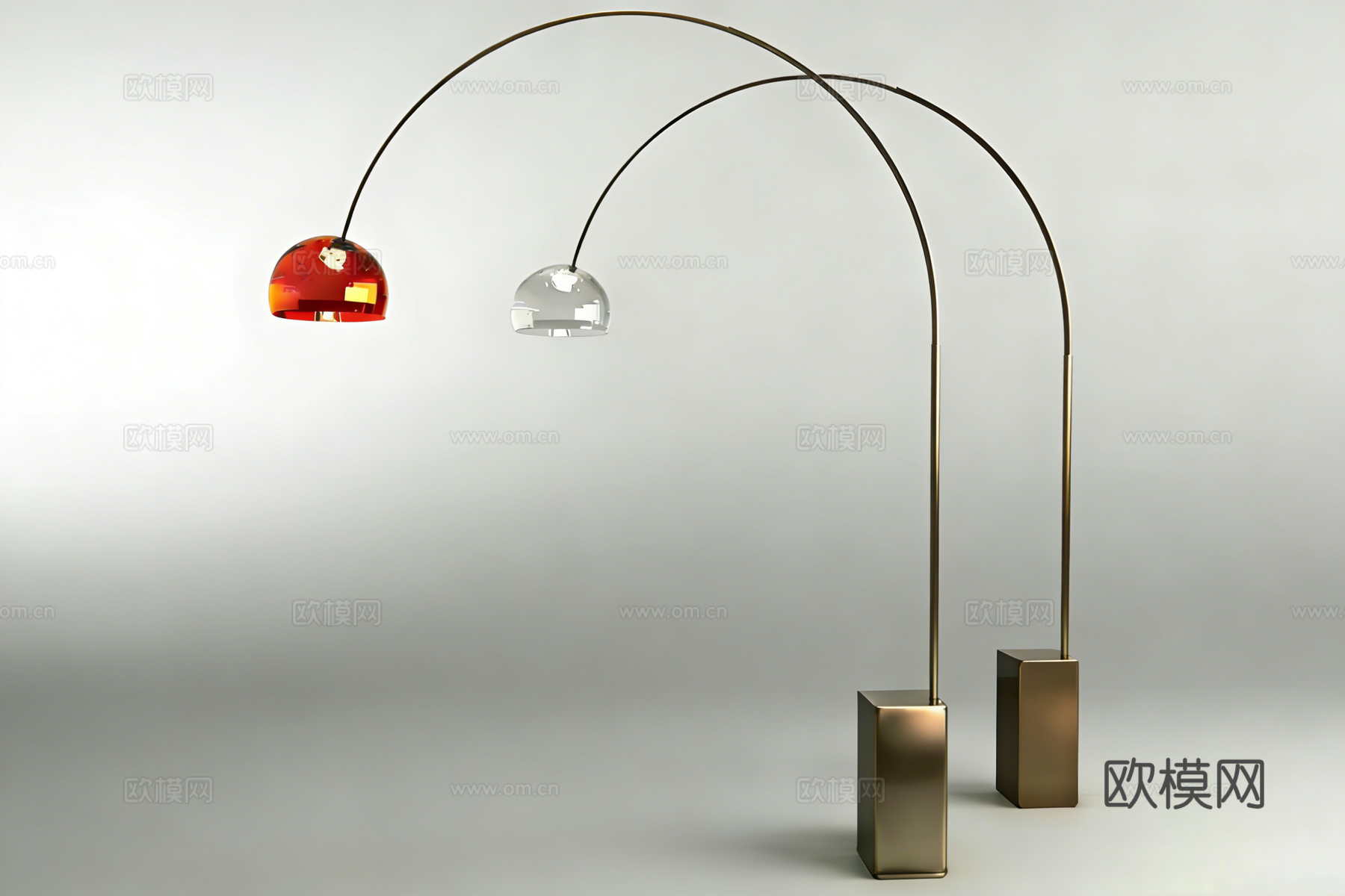 现代弧形双灯罩落地灯 橙红透明玻璃灯罩 金属支架 客厅氛围装su模型