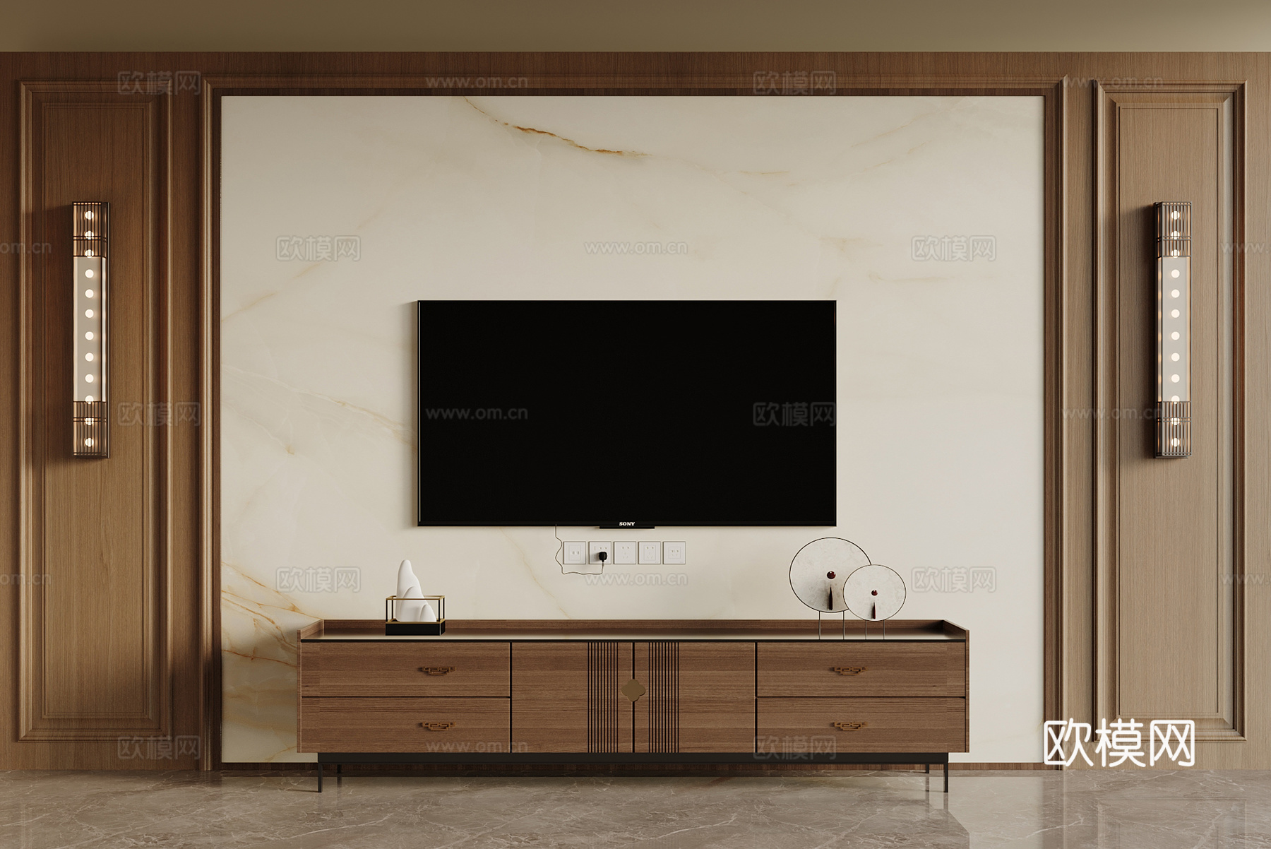 新中式电视柜 电视背景墙 屏风背景墙 饰品摆件su模型