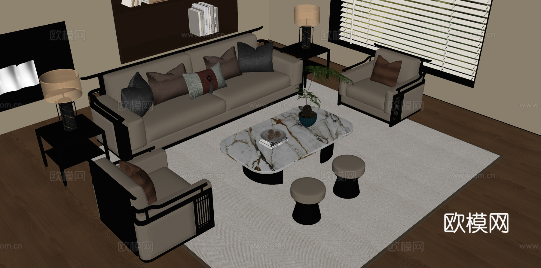 新中式沙发茶几 沙发茶几组合 直排沙发 木制茶几su模型