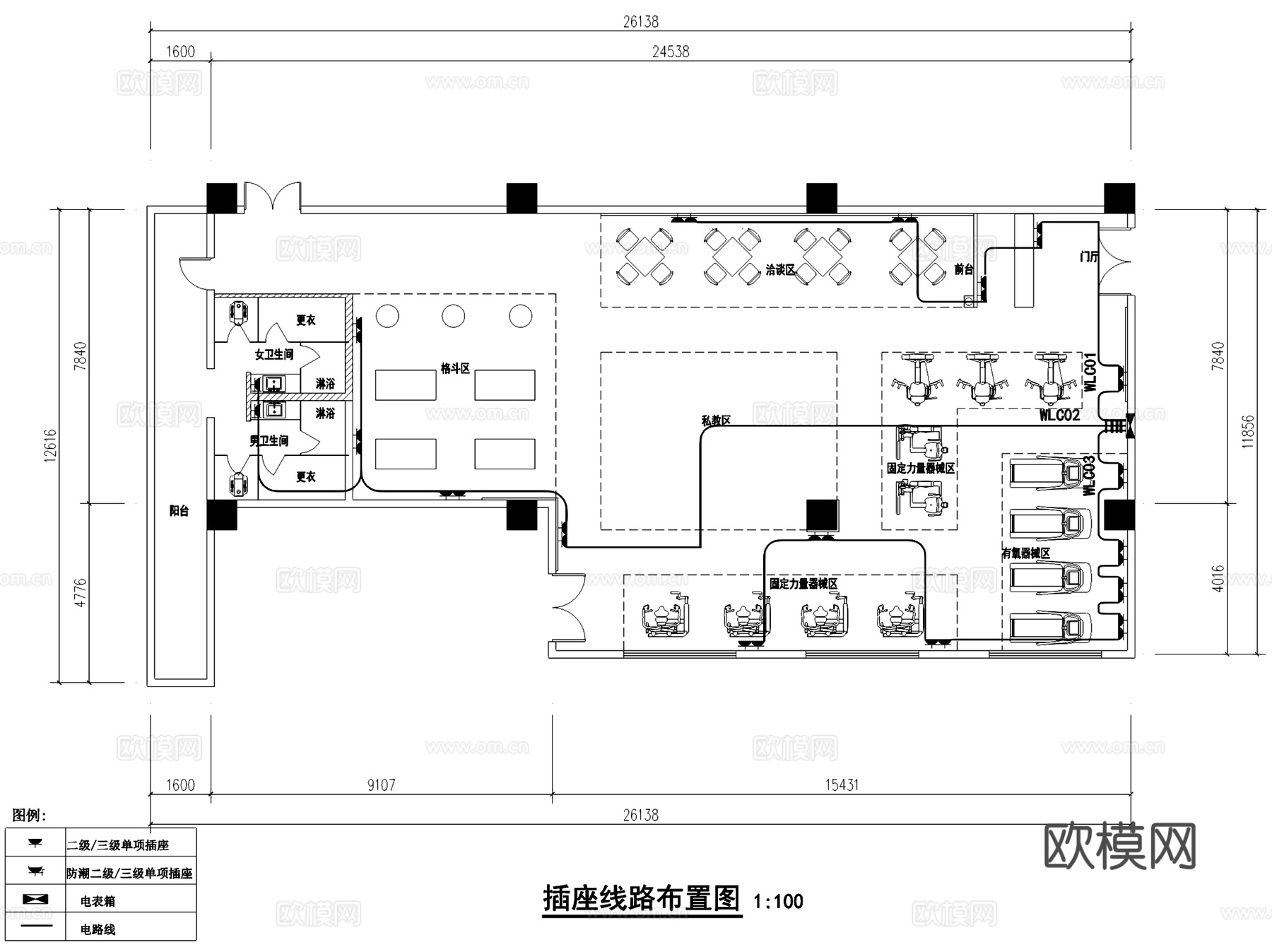 221健身房室内工装平面系统图CAD施工图cad施工图