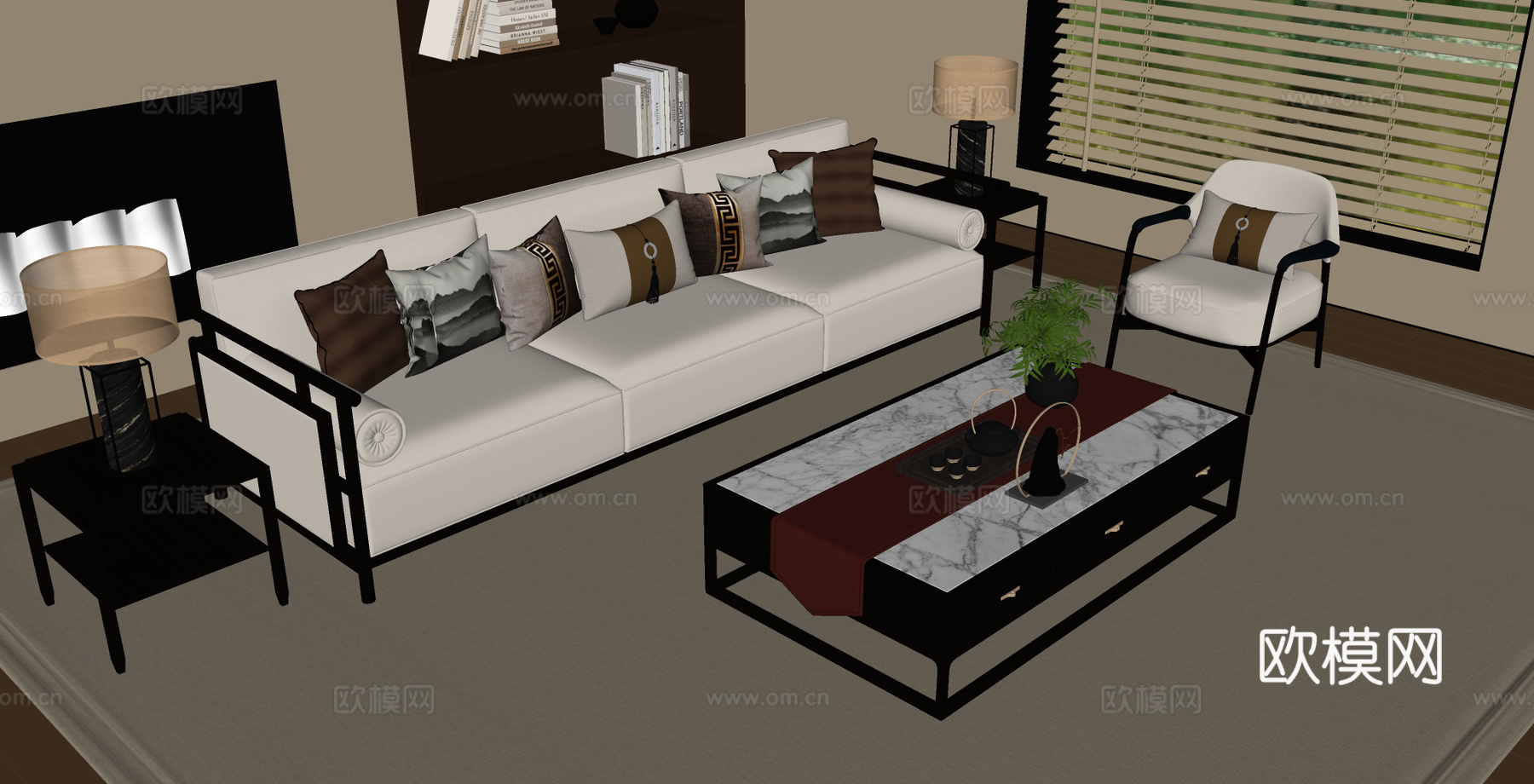 新中式沙发茶几 沙发茶几组合 直排沙发 木制茶几su模型