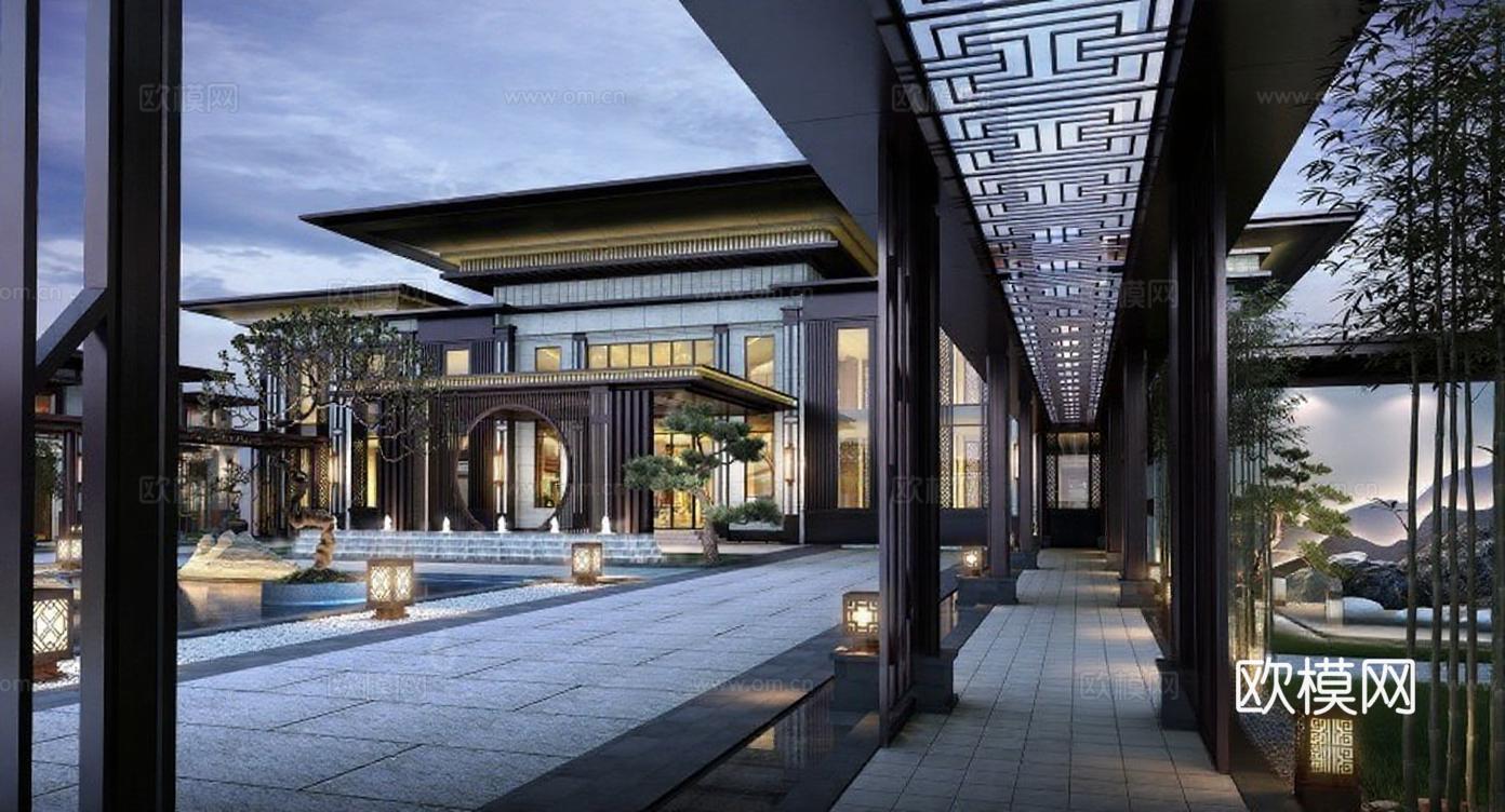 现代中式高端住宅 酒店度假村景观设计 黄昏3D渲染效果图 禅意庭院空间布局 奢华建筑水景园林免费3d模型