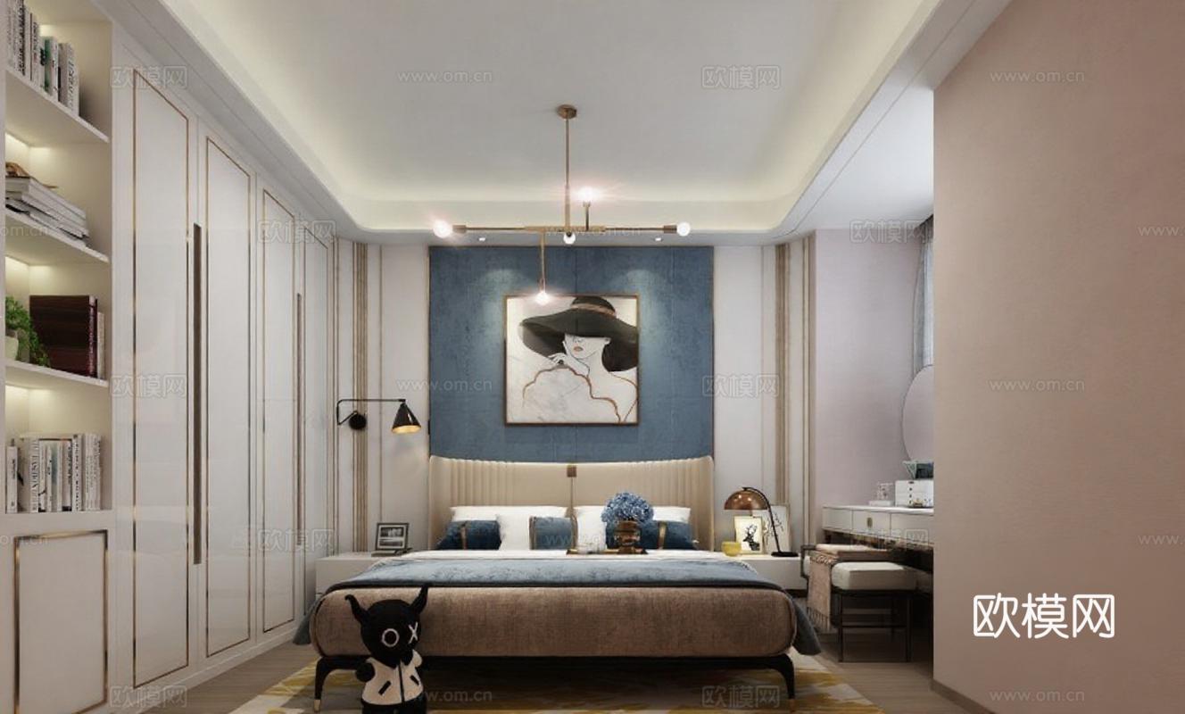 现代轻奢卧室设计 蓝色艺术背景墙装饰 3D渲染家居方案 高端装修温馨空间免费3d模型