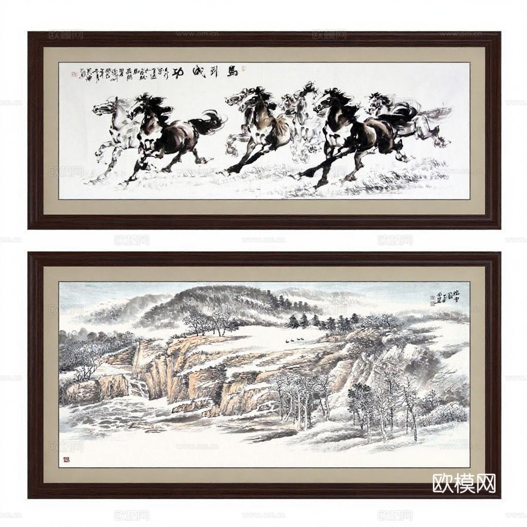 客厅书房中国水墨装饰画 奔马图雪景山水传统手绘装裱艺术品免费3d模型