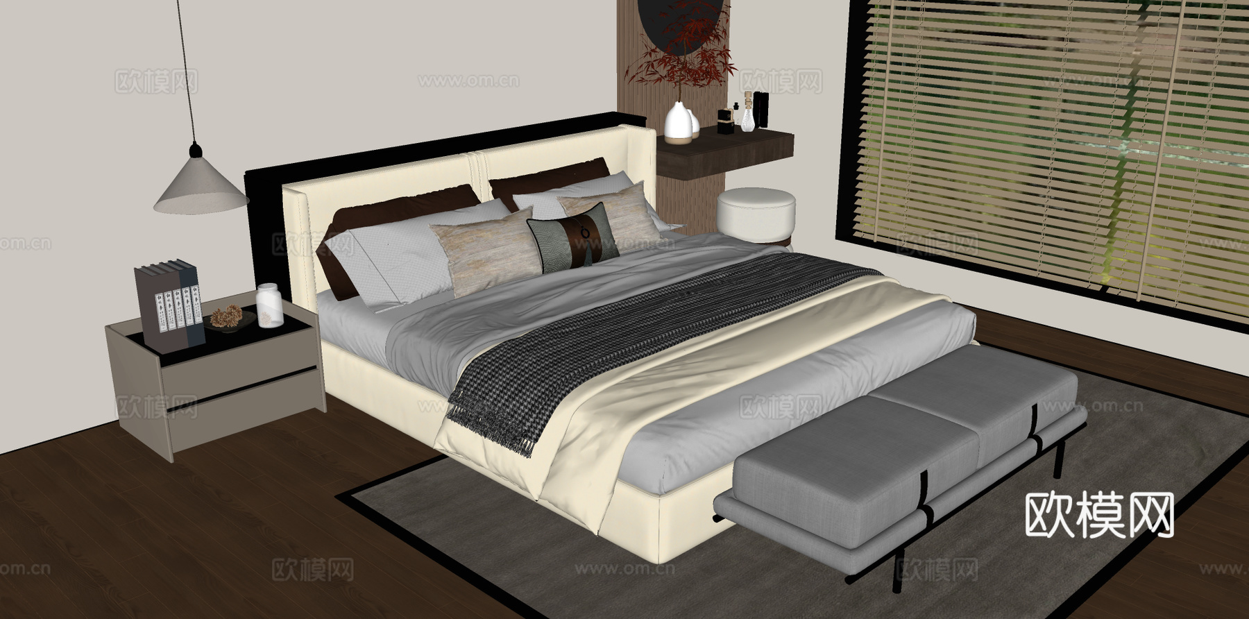 宋式双人床 木制床 床头柜 床头柜摆件su模型